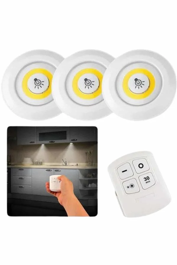 Dolap Işığı Mutfak Işığı 3 Lü Spot LED Uzaktan Kumandalı Ayarlanabilir Dolap Işıkları