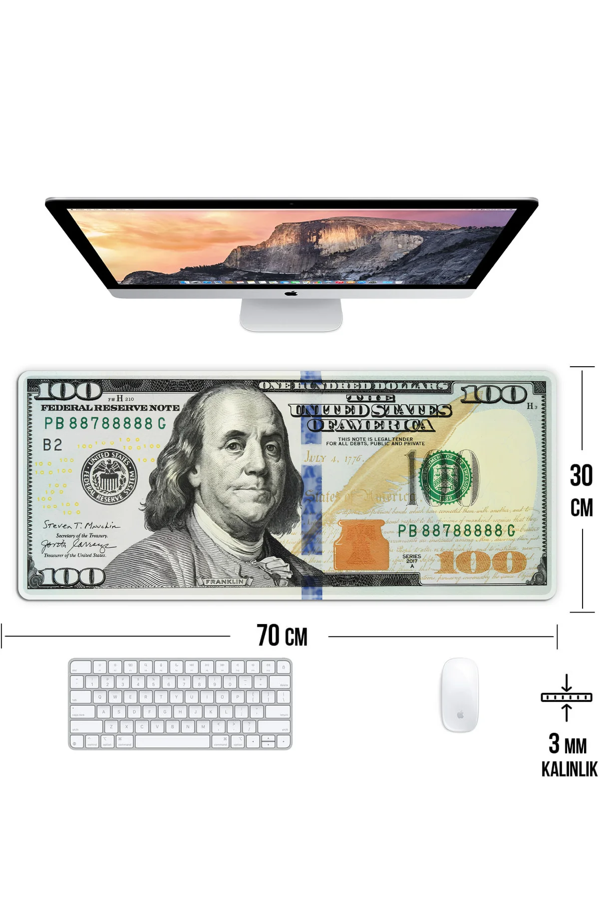 Dolar Baskılı Oyun Gaming Klavye Mouse Pad Masa Matı 70x30 cm - Görsel 3