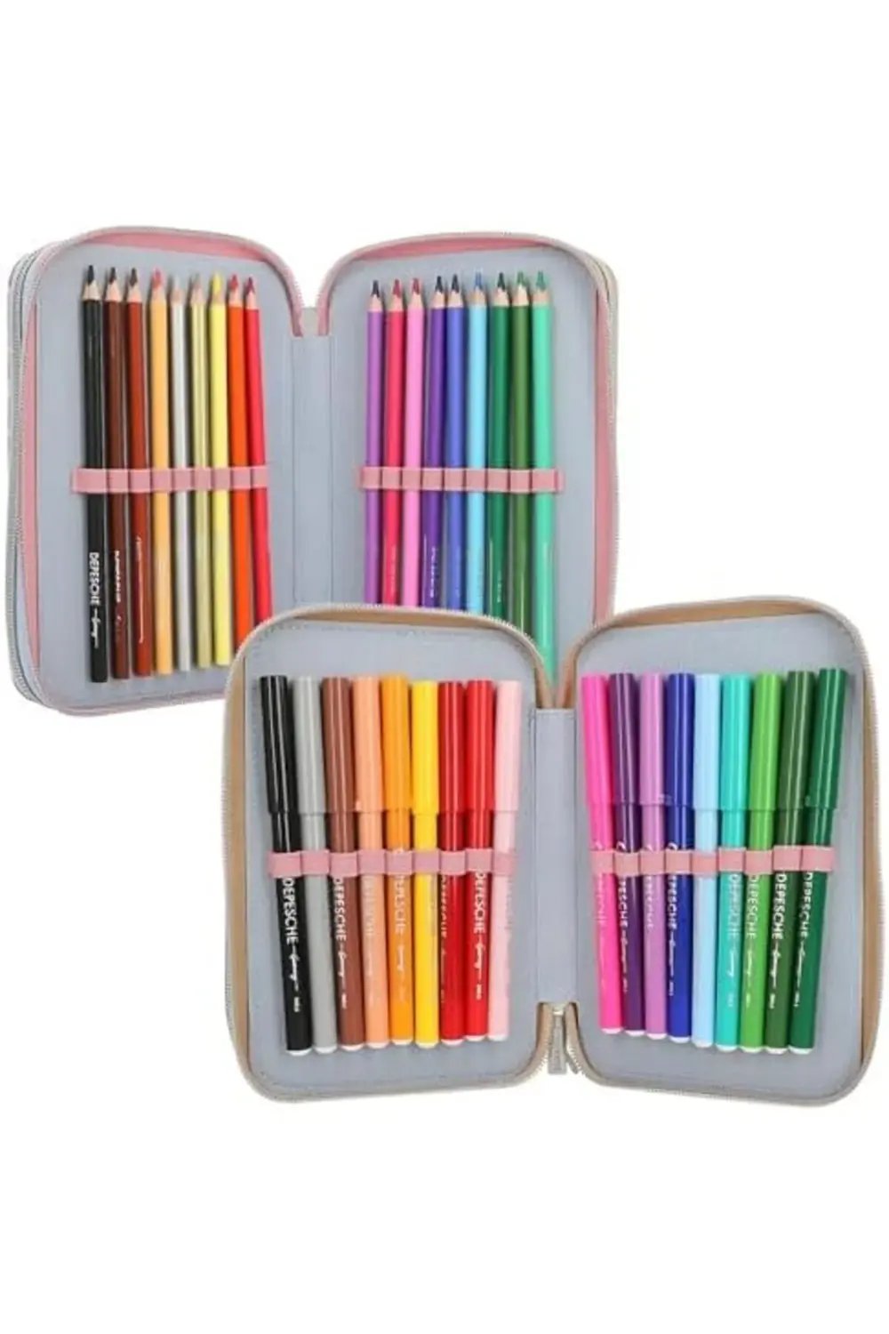 doldurulmuş 3 bölmeli kutusu, pembe renkte, model motifli ve koly