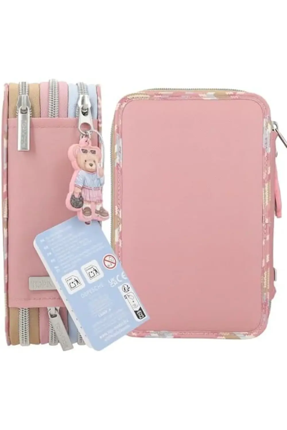 doldurulmuş 3 bölmeli kutusu, pembe renkte, model motifli ve koly