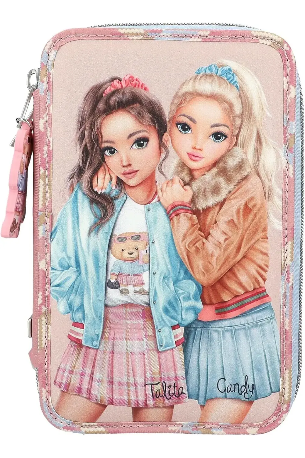 doldurulmuş 3 bölmeli kutusu, pembe renkte, model motifli ve koly