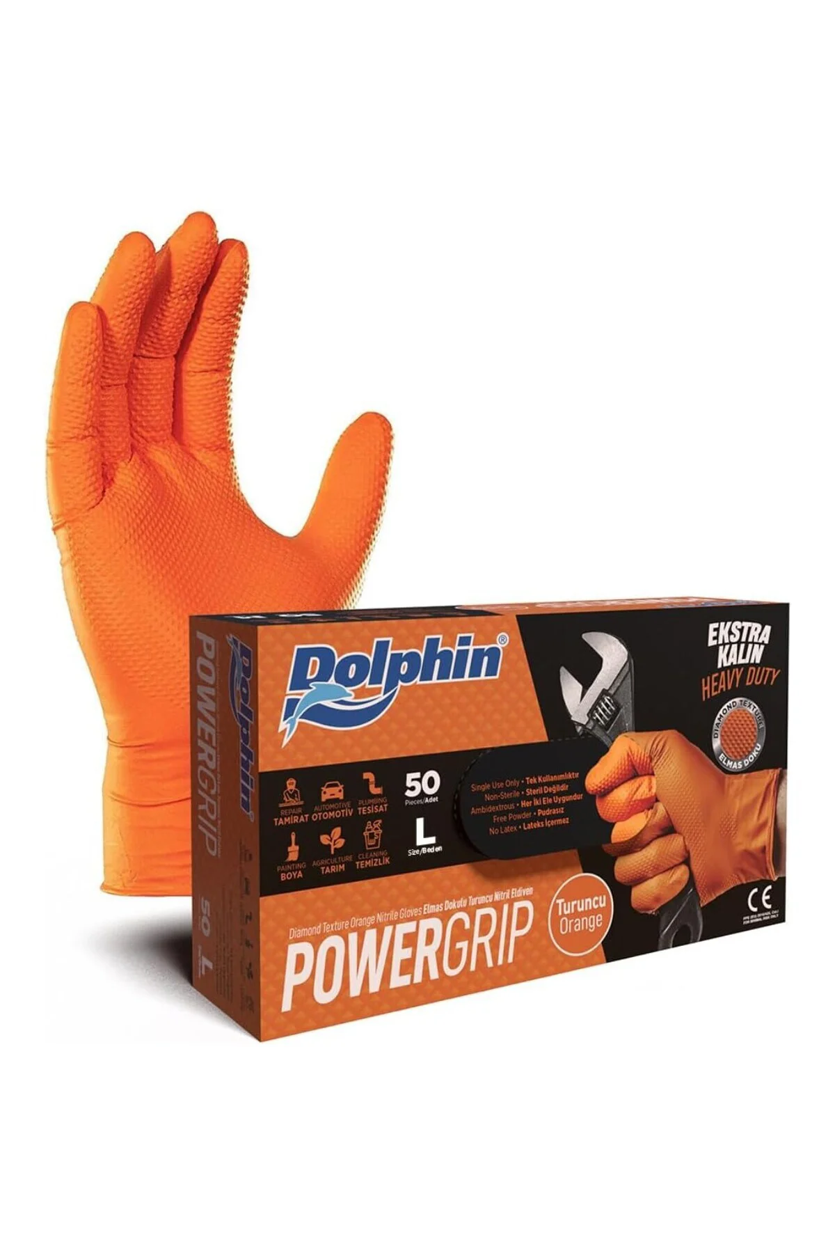 Dolphin Powergrip Ekstra Kalin Turuncu Nitril Eldiven (50 Adet/Ku
