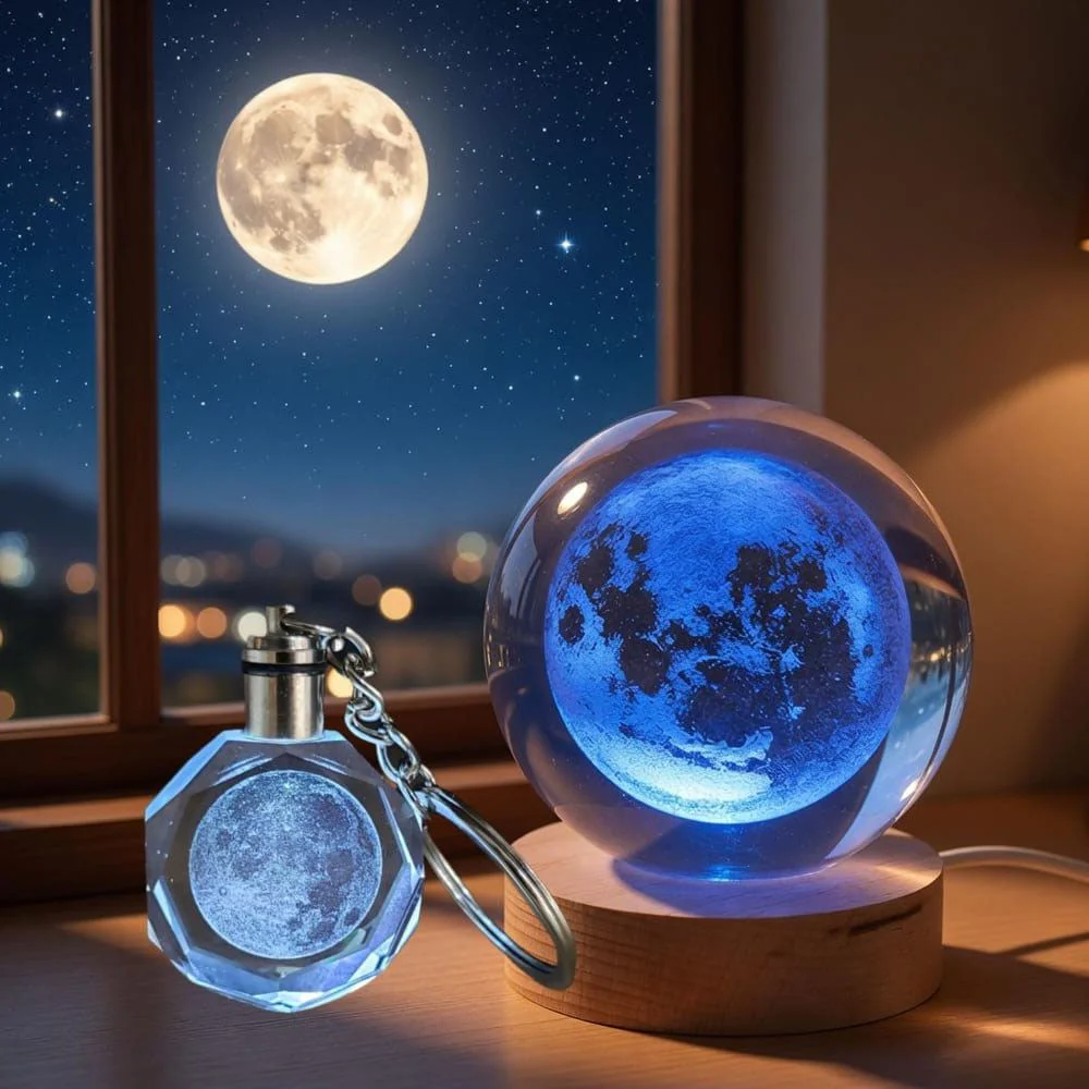 Dolunay Temalı Renk Değiştiren Işıklı Cam Küre ve Kristal Anahtar Dolunay Temalı Renk Değiştiren Işıklı Cam Küre ve Kristal Anahtar