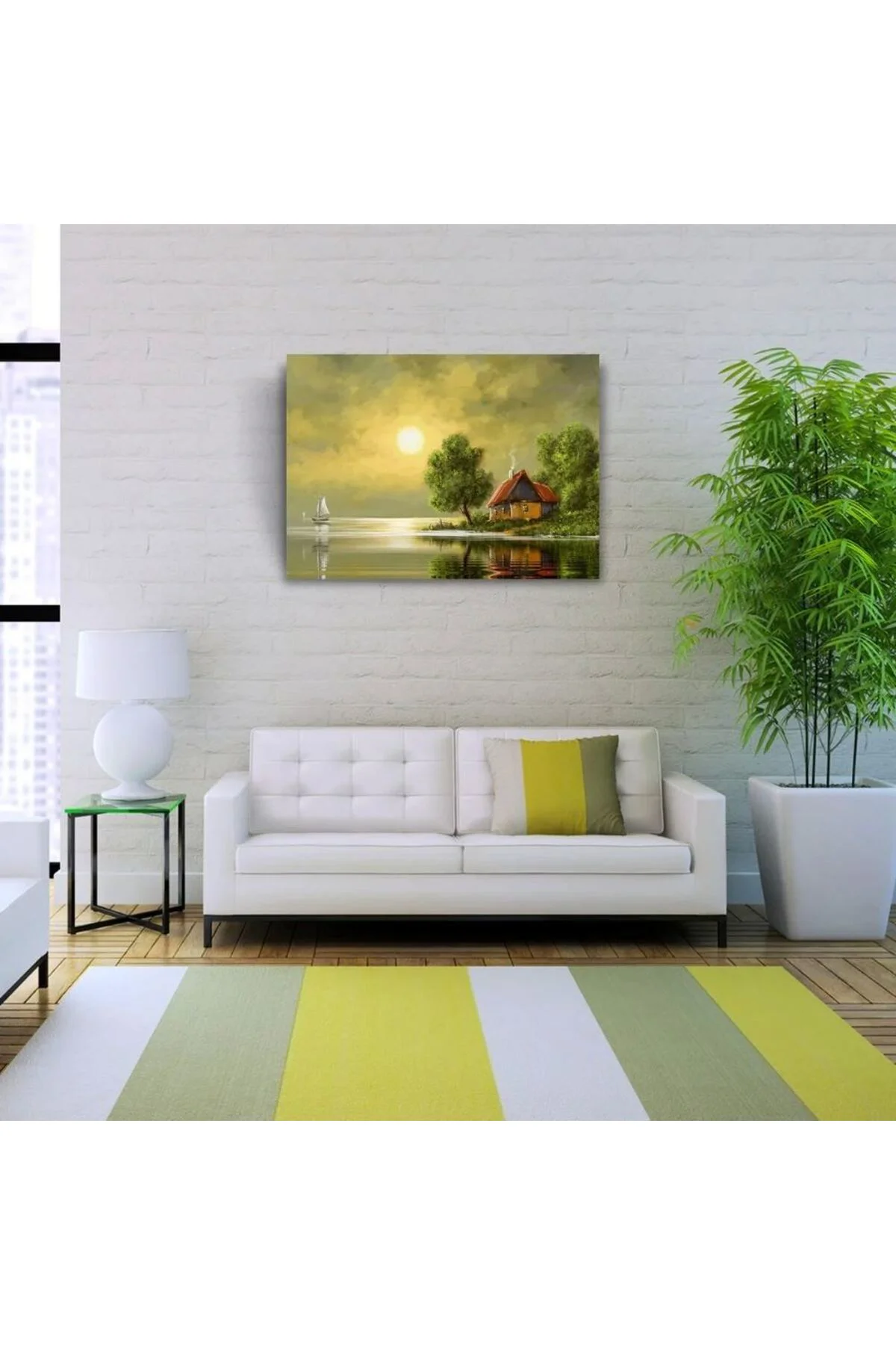 Dolunay ve Göl kenarındaki Ev Yağlıboya Kanvas Tablo 50 x 70