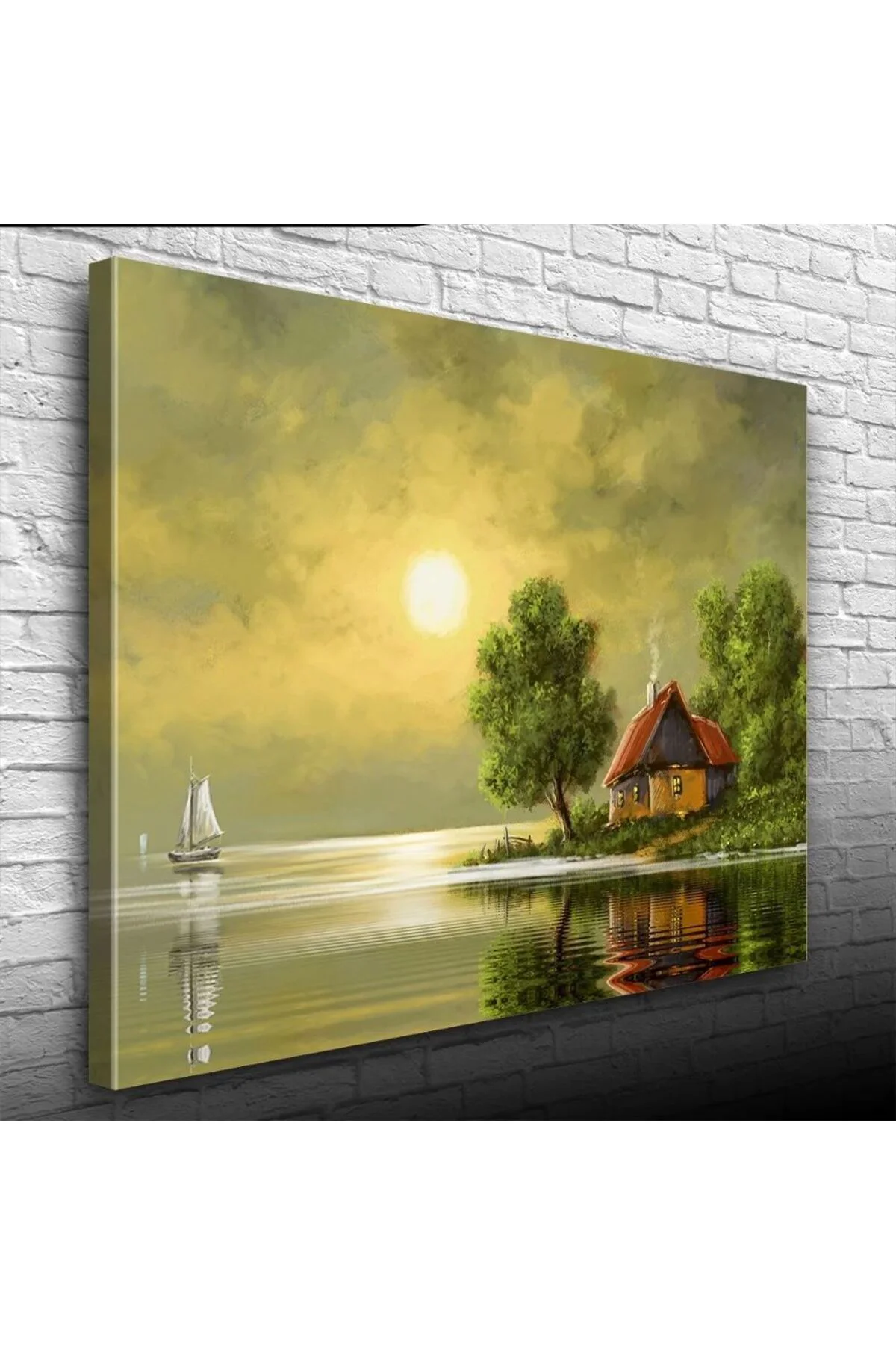 Dolunay ve Göl kenarındaki Ev Yağlıboya Kanvas Tablo 50 x 70
