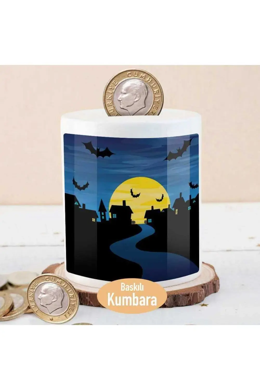 Dolunay Ve Uçuşan Yarasalar Baskılı Para Birikim Kumbarası-1534