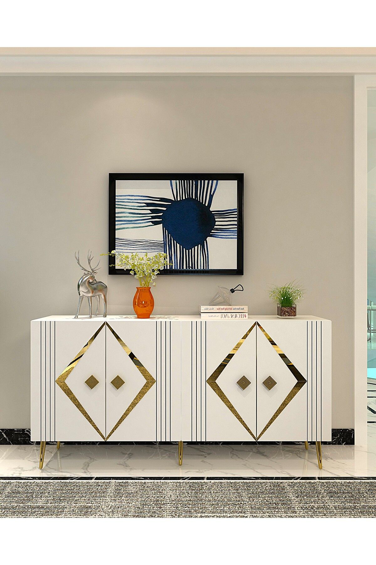 Cantek Dizayn Dominoct (Kb150) Lazer Desenli Konsol Beyaz-Altın