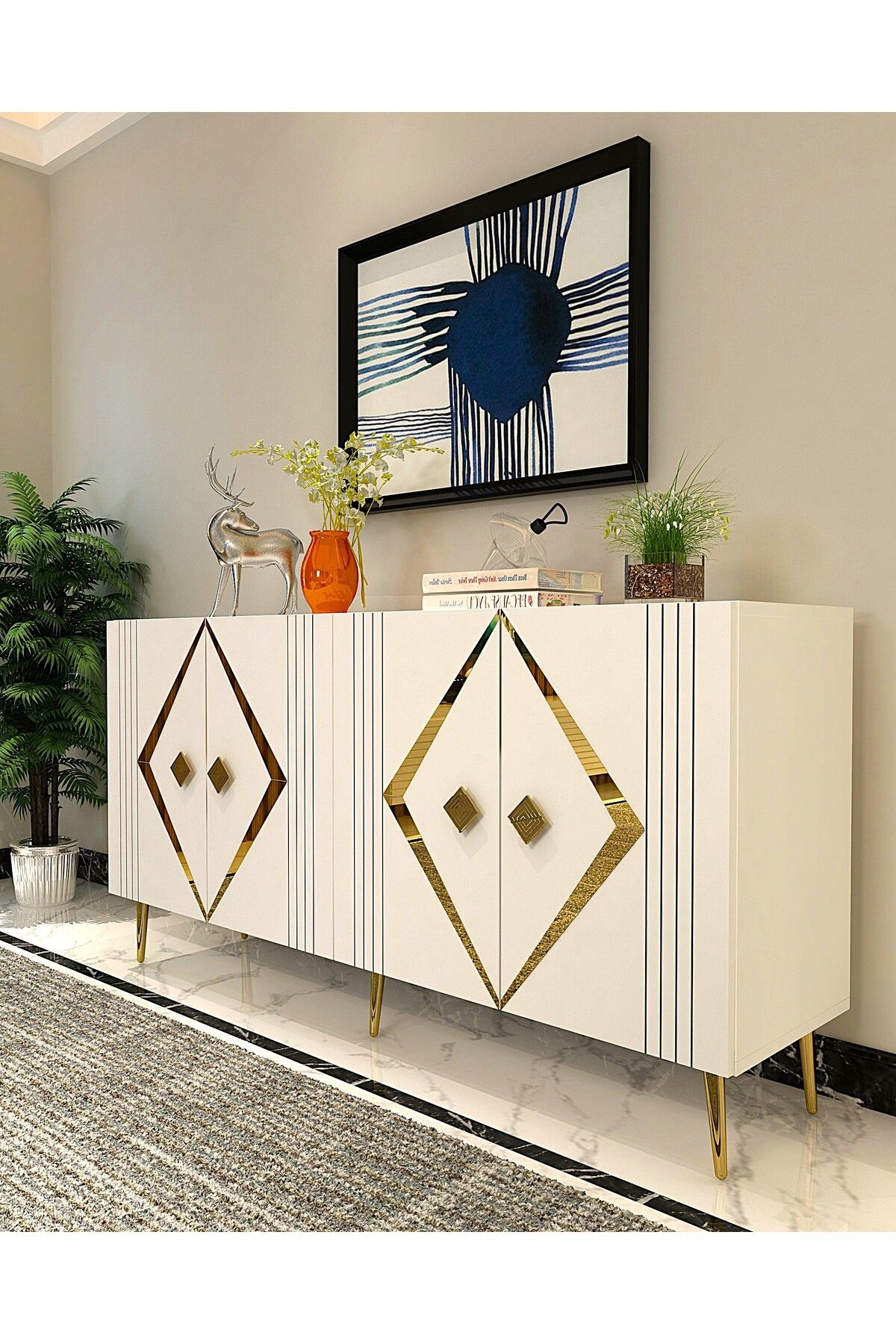 Cantek Dizayn Dominoct (Kb150) Lazer Desenli Konsol Beyaz-Altın