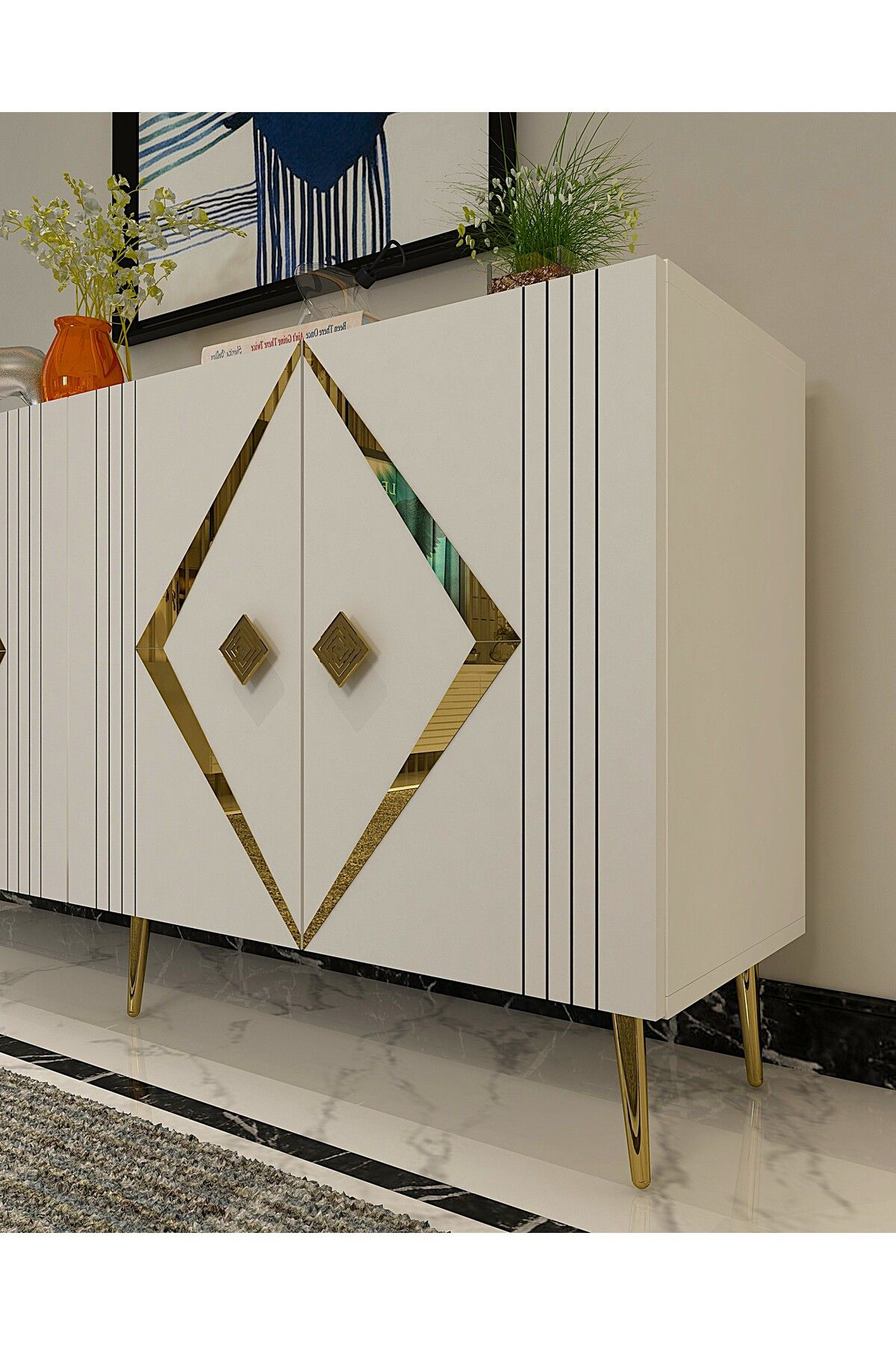 Cantek Dizayn Dominoct (Kb150) Lazer Desenli Konsol Beyaz-Altın