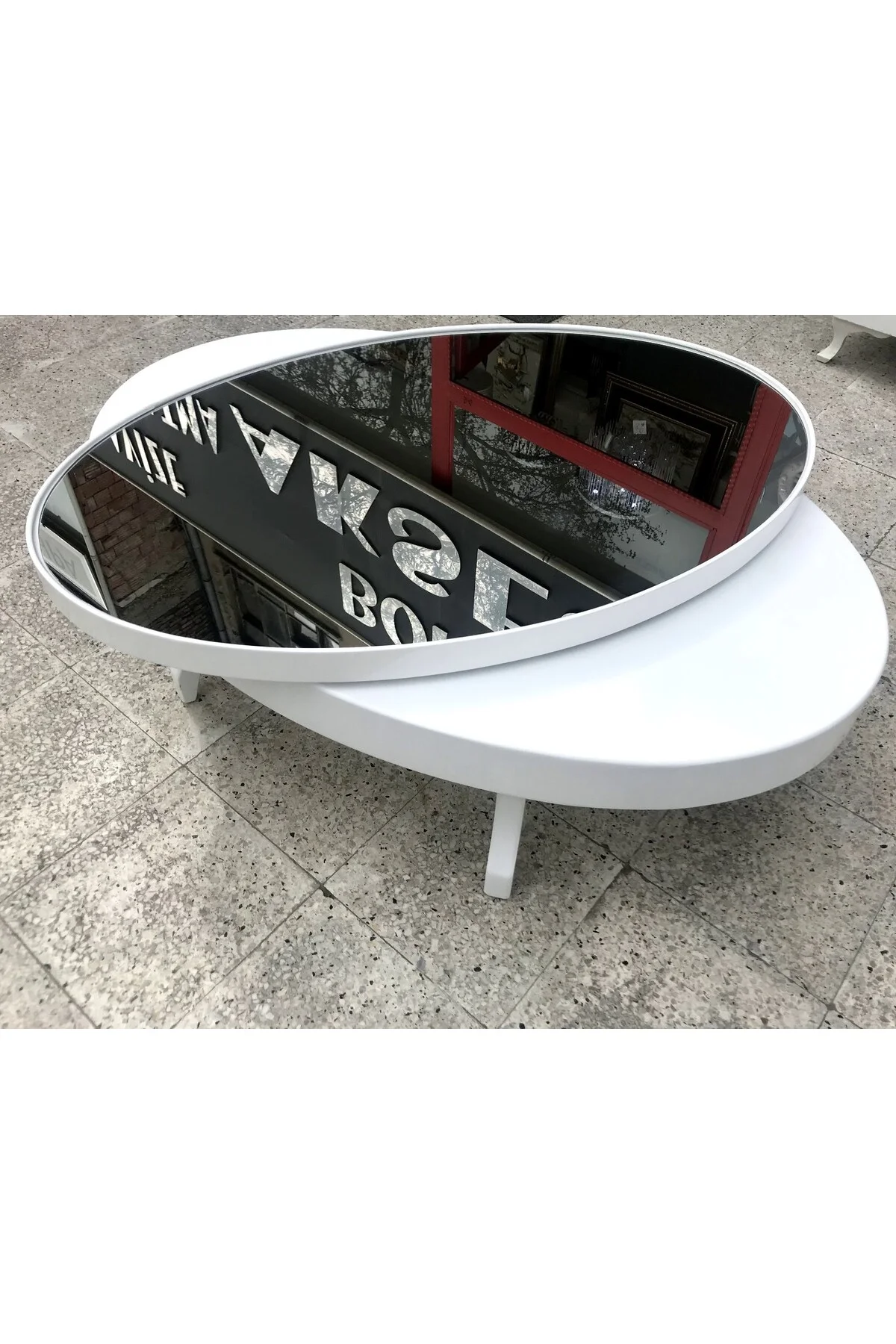 Döner Orta sehpa 13828 OVAL Klasik Kayın Retro Ayak MDF Tabla Beyaz füme cam - Görsel 2
