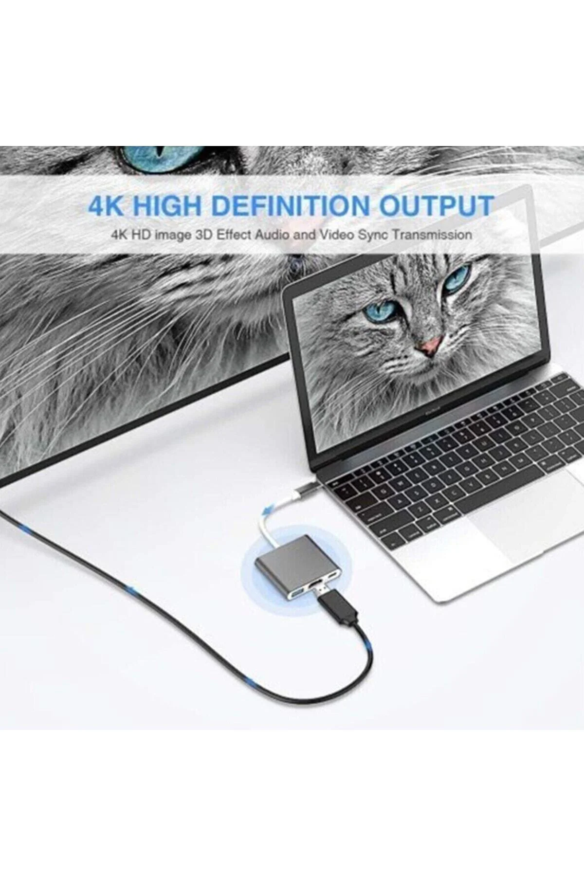 Dönüştürücü Adaptör 3 İn1 Type-C To HDMI 4K USB 3.0 Çevirici Dönüştürücü Adaptör