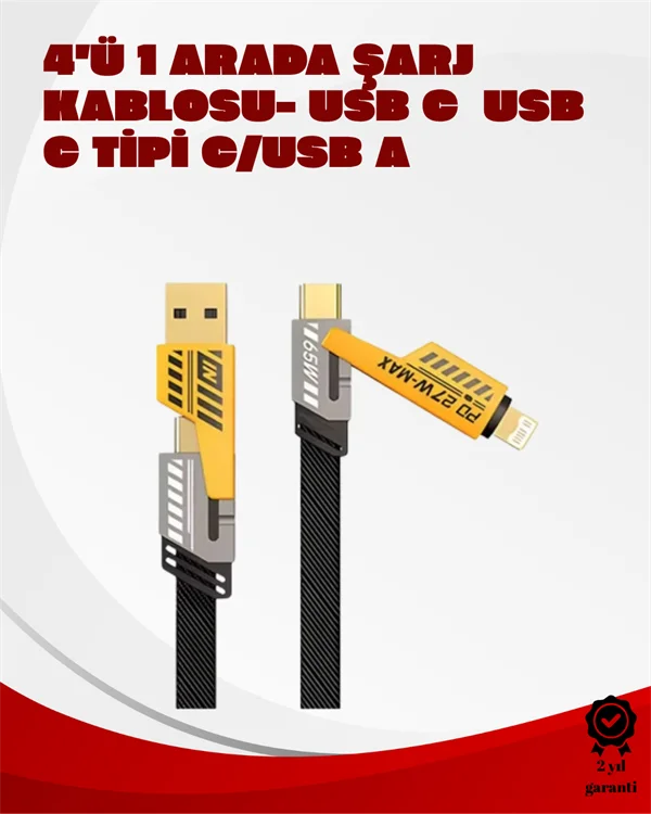 Dönüştürülebilir 4 Başlıklı Hızlı Şarj Kablosu – 1.2m, 65W, Dayanıklı ve Esnek Tasarım