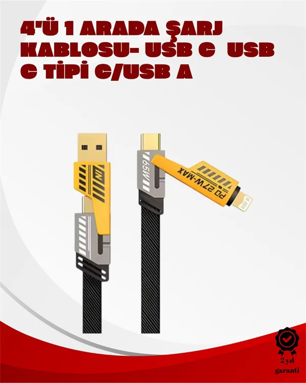 Dönüştürülebilir 4 Başlıklı Hızlı Şarj Kablosu 1.2m, 65w, Dayanıklı Ve Esnek Tasarım - Lisinya