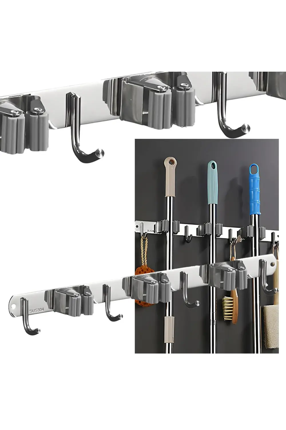 Dört Kancalı Askılık Üç Klıpslı Paspas Süpürge Tutucu