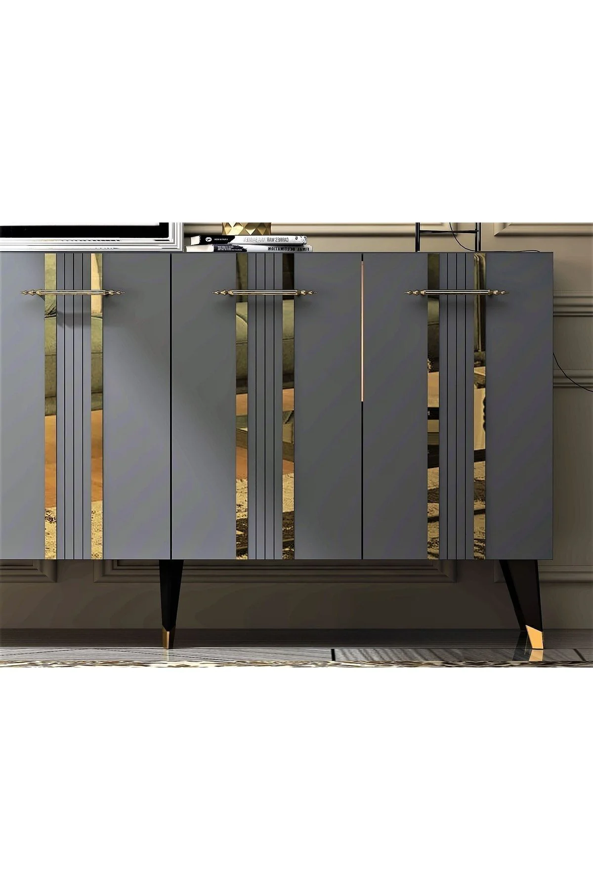 Dört Kapaklı Altın-kulp Siyah Ayaklı Asel Konsol Antrasit-altın