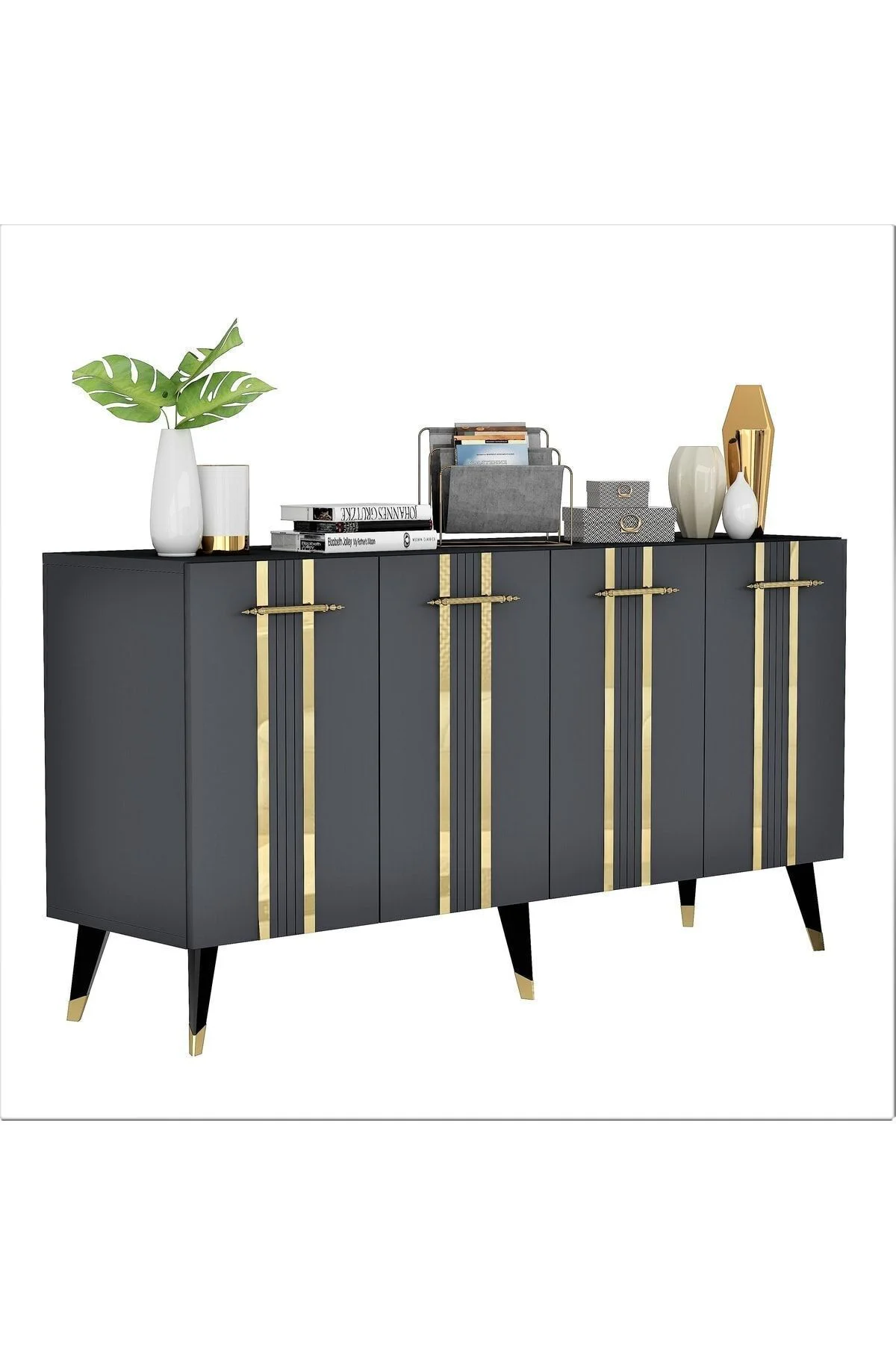 Dört Kapaklı Altın-kulp Siyah Ayaklı Asel Konsol Antrasit-altın