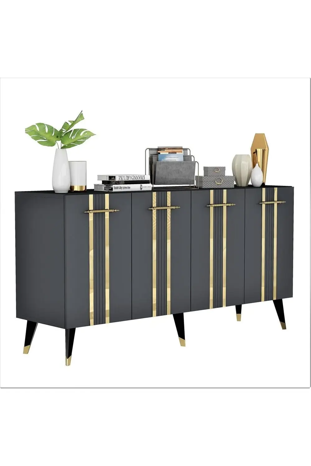 Dört Kapaklı Altın-kulp Siyah Ayaklı Asel Konsol Antrasit-altın