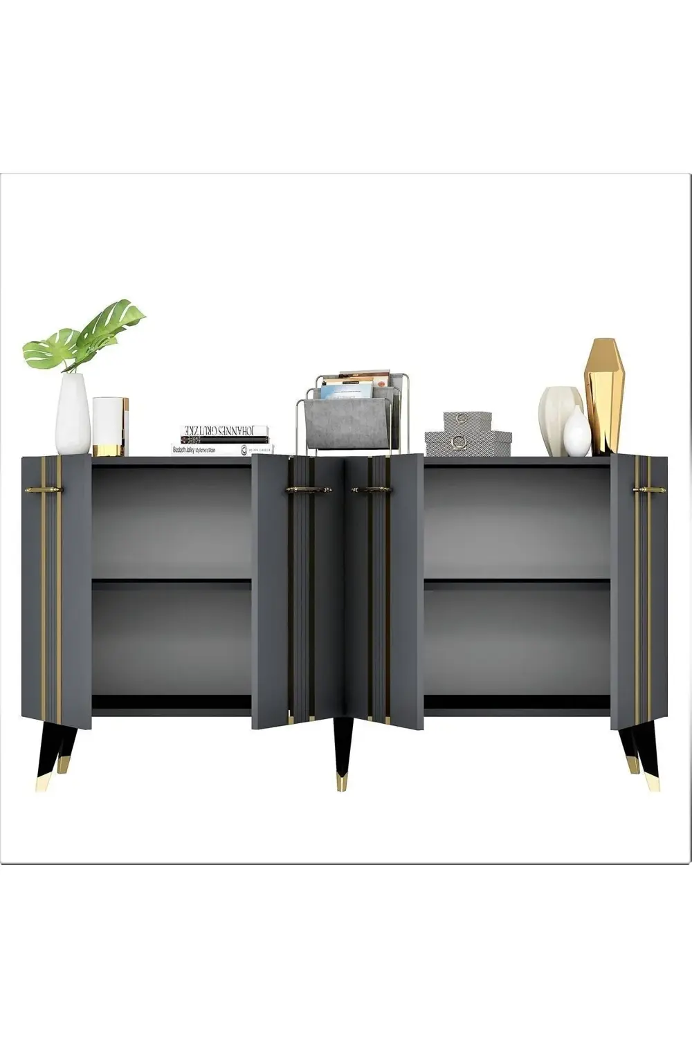 Dört Kapaklı Altın-kulp Siyah Ayaklı Asel Konsol Antrasit-altın