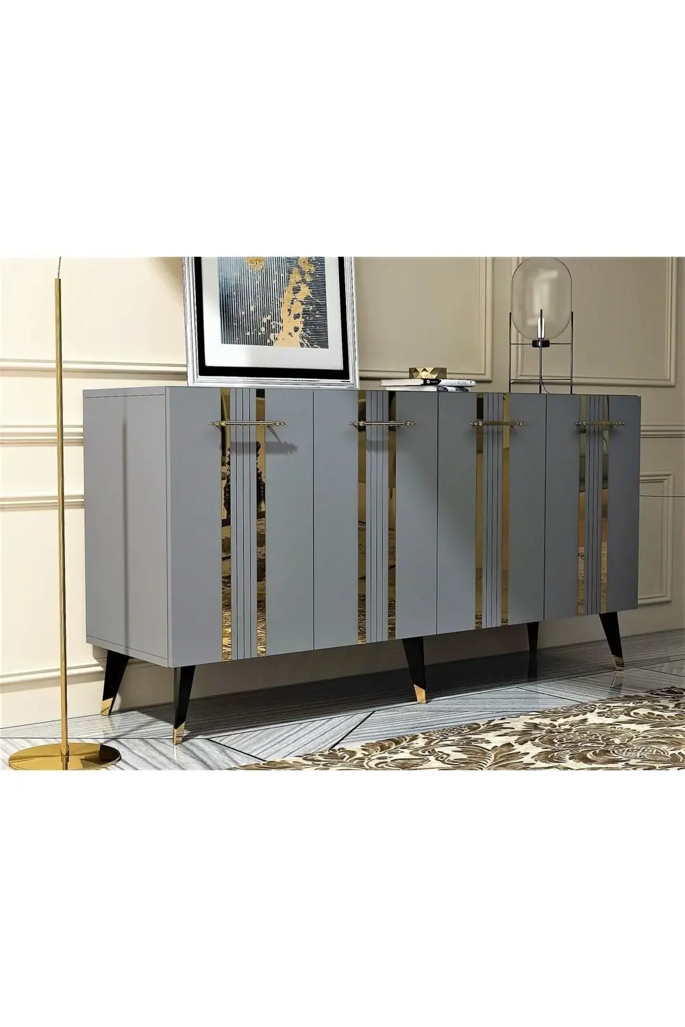 Dört Kapaklı Altın-kulp Siyah Ayaklı Asel Konsol Antrasit-altın