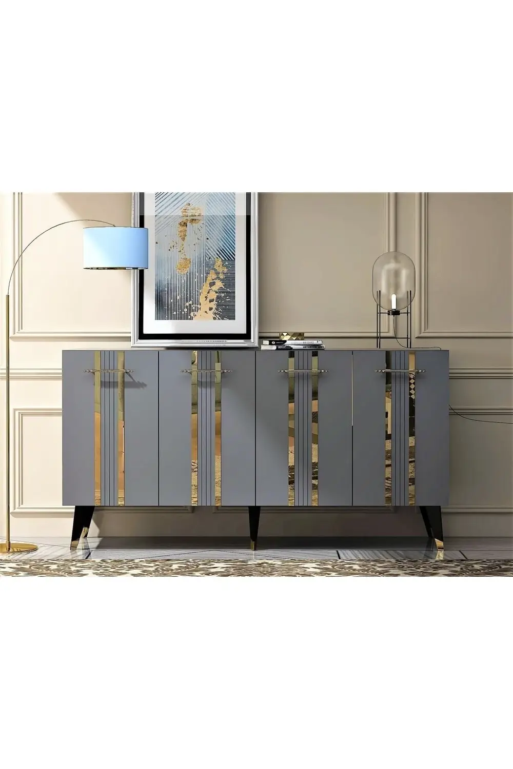 Dört Kapaklı Altın-kulp Siyah Ayaklı Asel Konsol Antrasit-altın