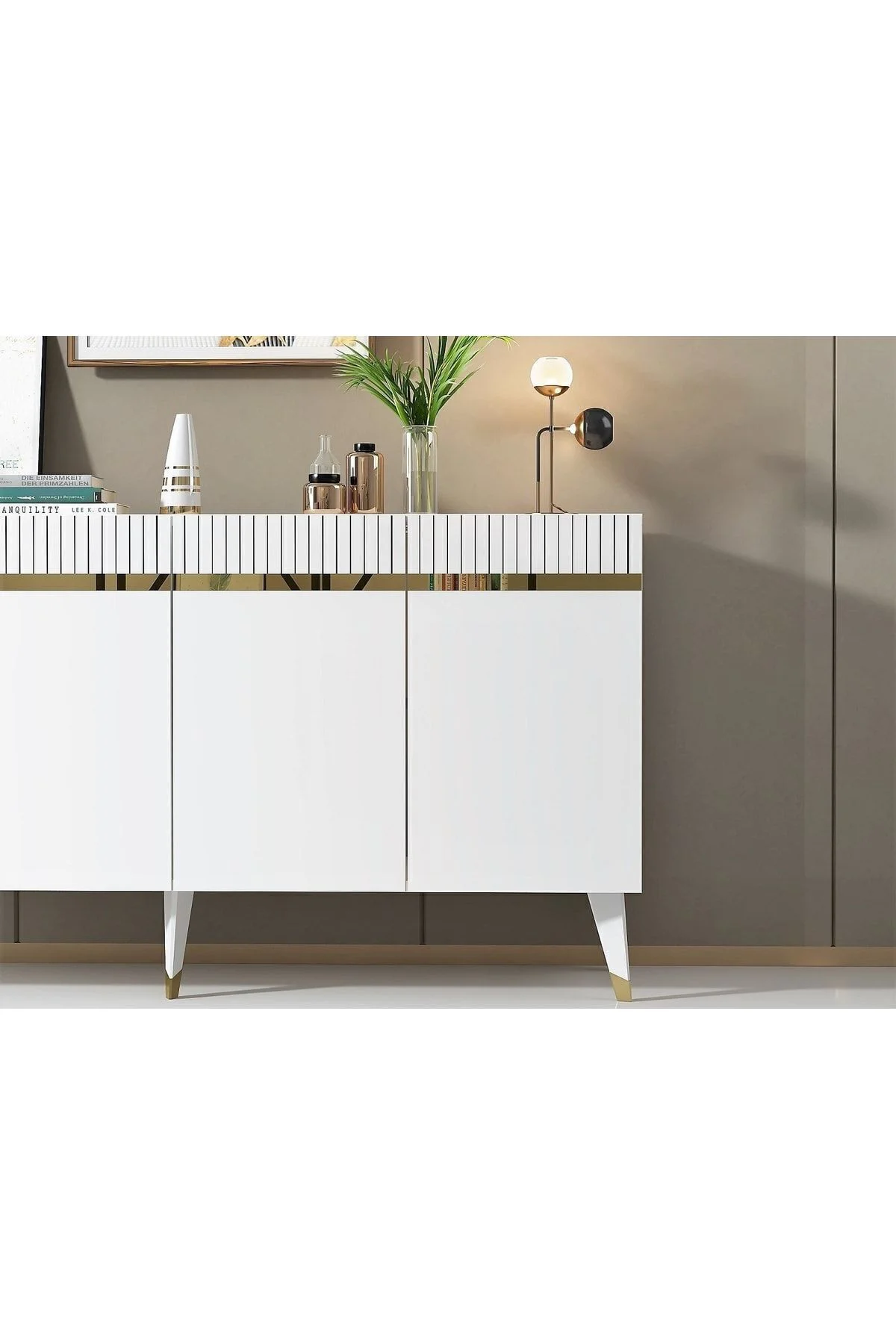 Dört Kapaklı Lazer Desenli Defne Konsol Beyaz-altın