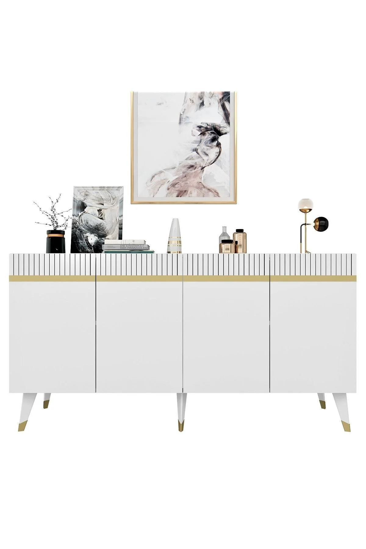 Dört Kapaklı Lazer Desenli Defne Konsol Beyaz-altın