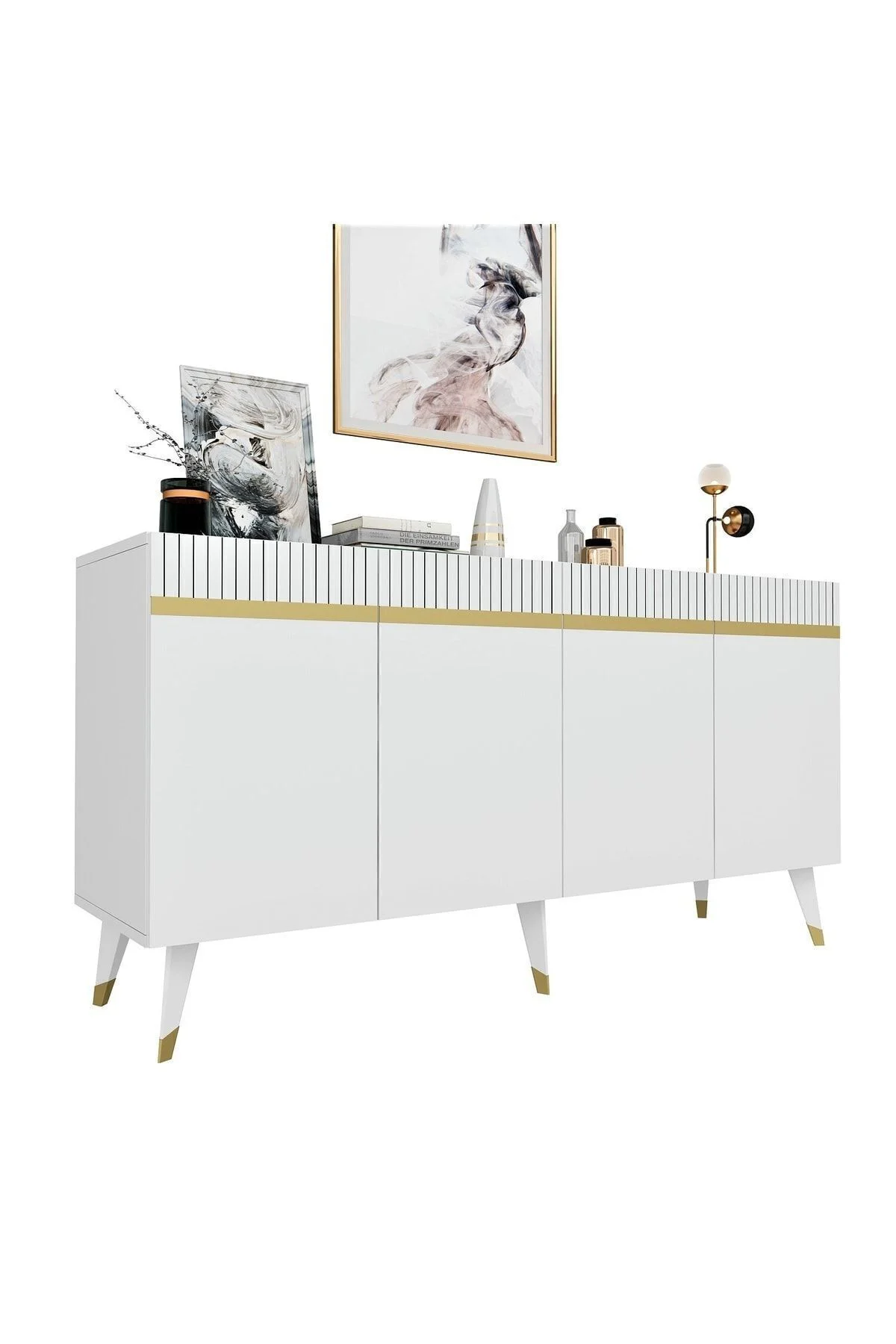 Dört Kapaklı Lazer Desenli Defne Konsol Beyaz-altın