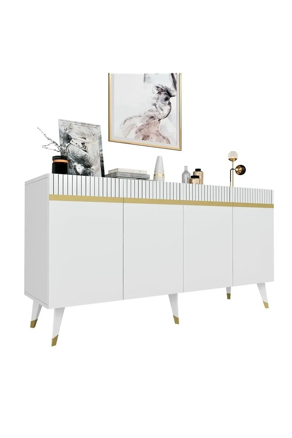 Dört Kapaklı Lazer Desenli Defne Konsol Beyaz-altın