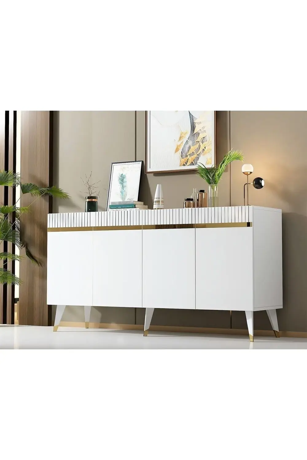 Dört Kapaklı Lazer Desenli Defne Konsol Beyaz-altın