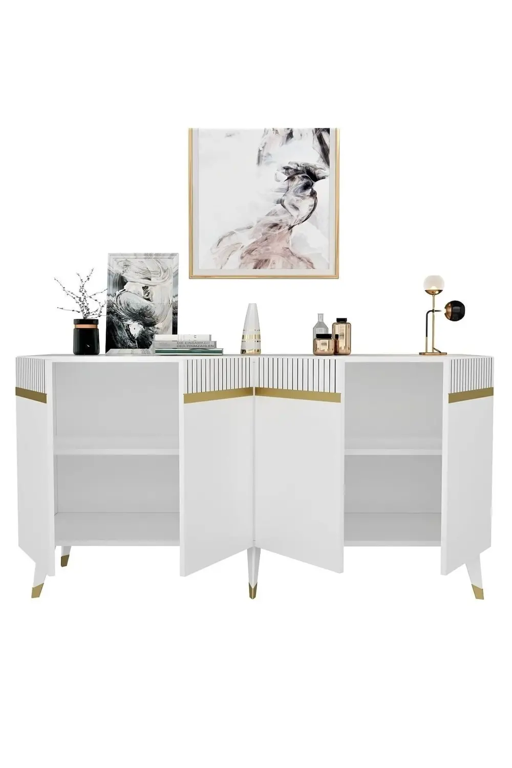 Dört Kapaklı Lazer Desenli Defne Konsol Beyaz-altın