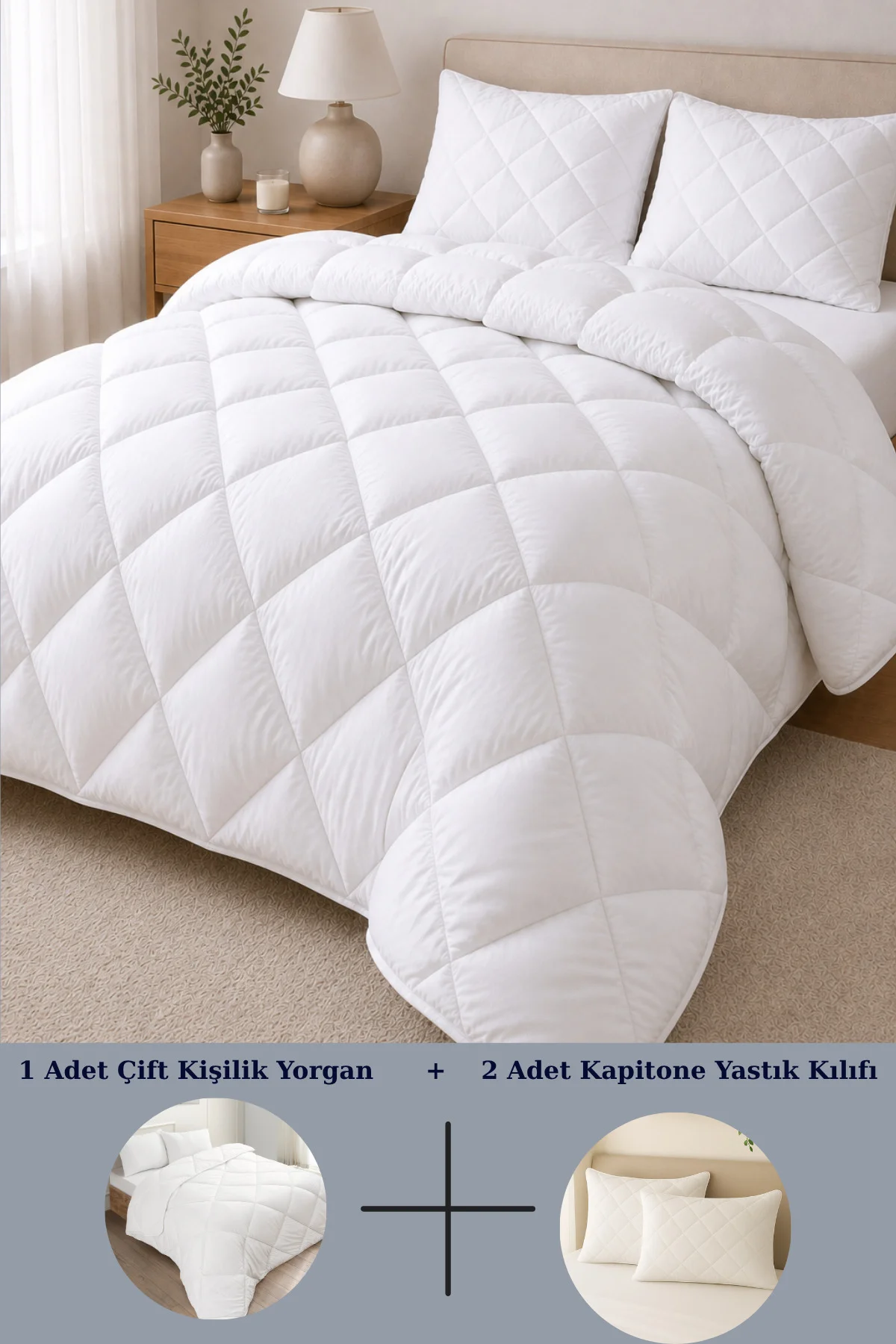 Dört Mevsim Beyaz Kapitone Çift Kişilik Yorgan Uyku Seti ( Yorgan + 2 adet Kapitone Yastık Kılıfı )