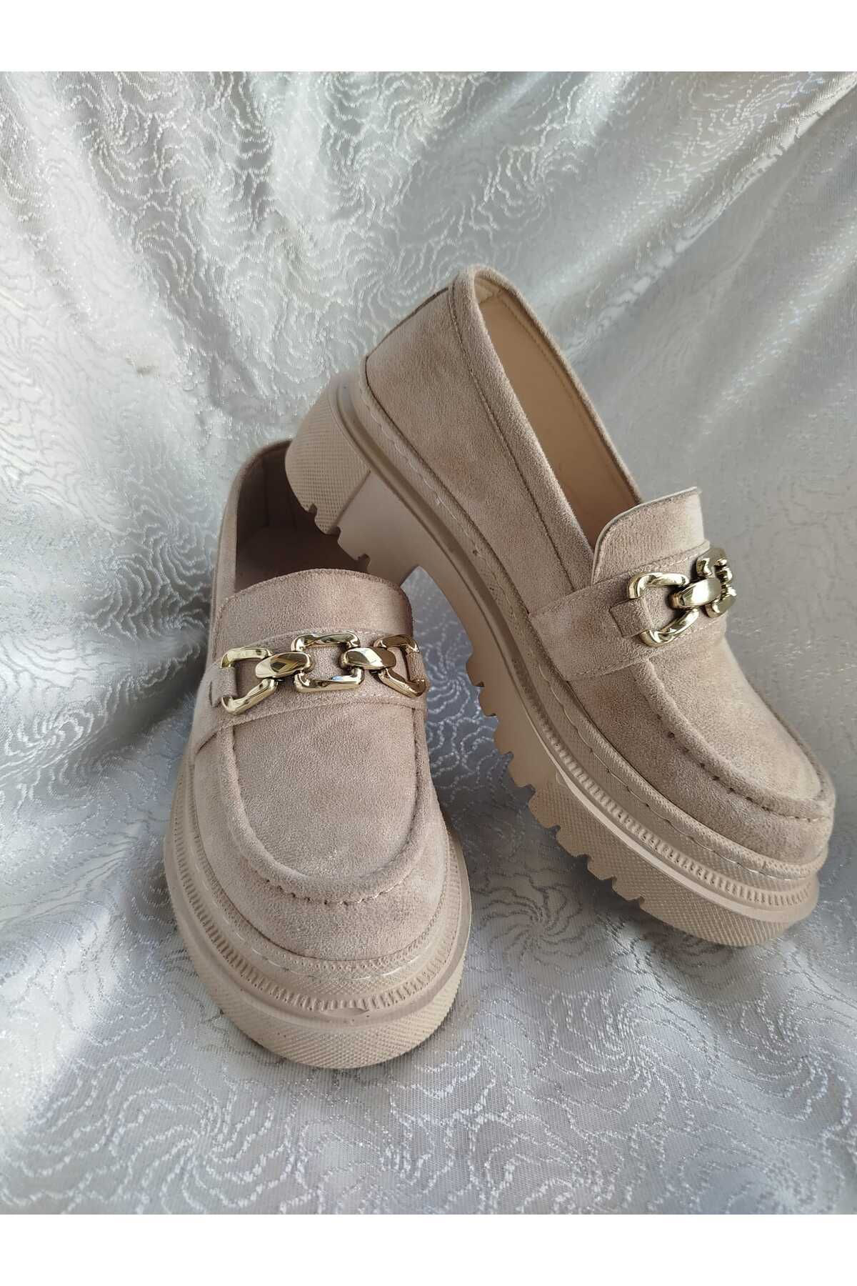 Dört Mevsim Kadın Kalın Taban Loafer Makosen Ayakkabı Süet Bej
