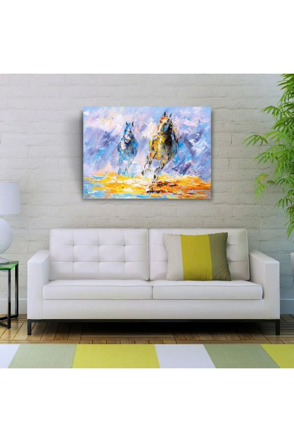 Dörtnala İki At Sarı ve Mavi Tonlarda Yağlıboya Kanvas Tablo 50 x 70