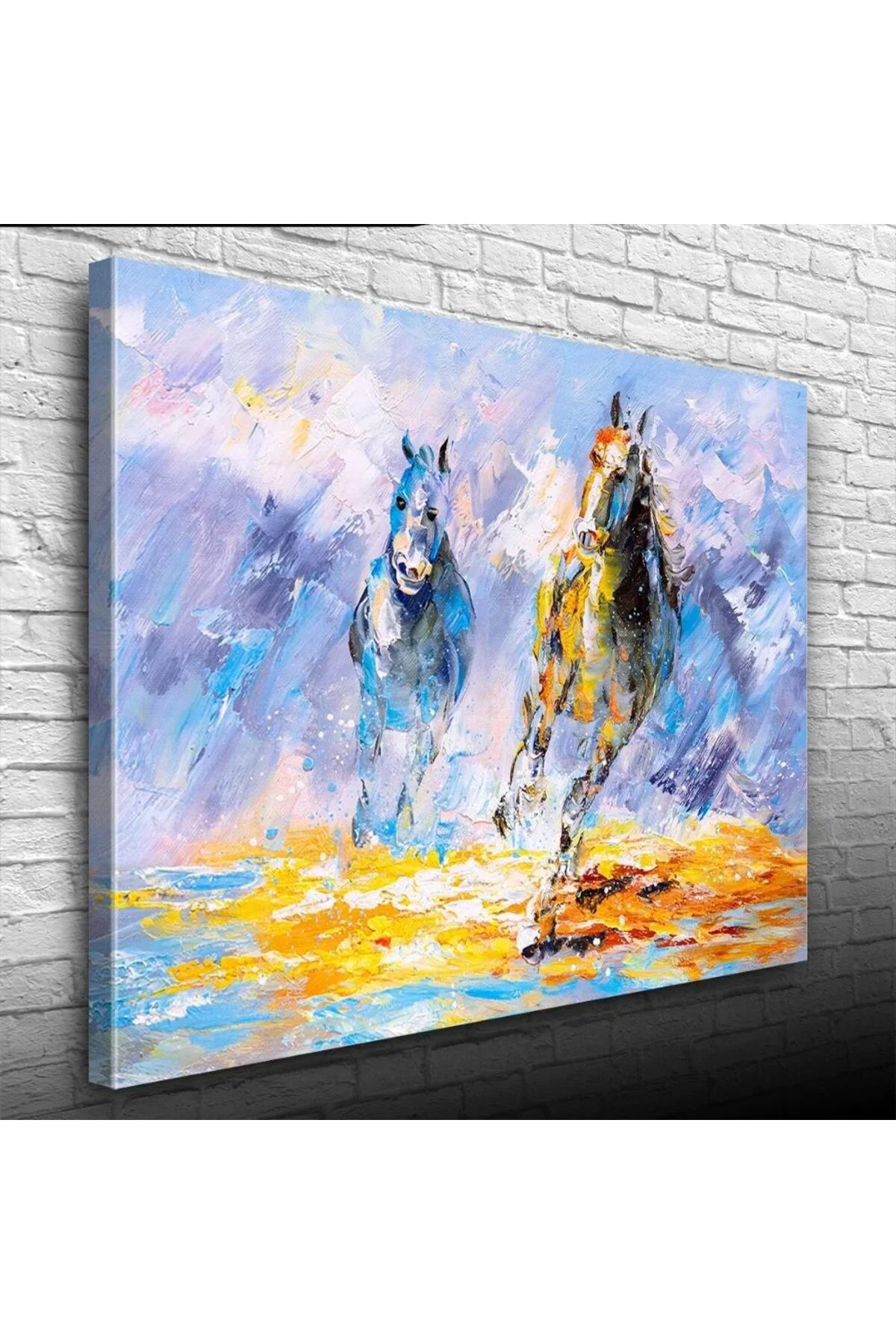 Dörtnala İki At Sarı ve Mavi Tonlarda Yağlıboya Kanvas Tablo 50 x 70