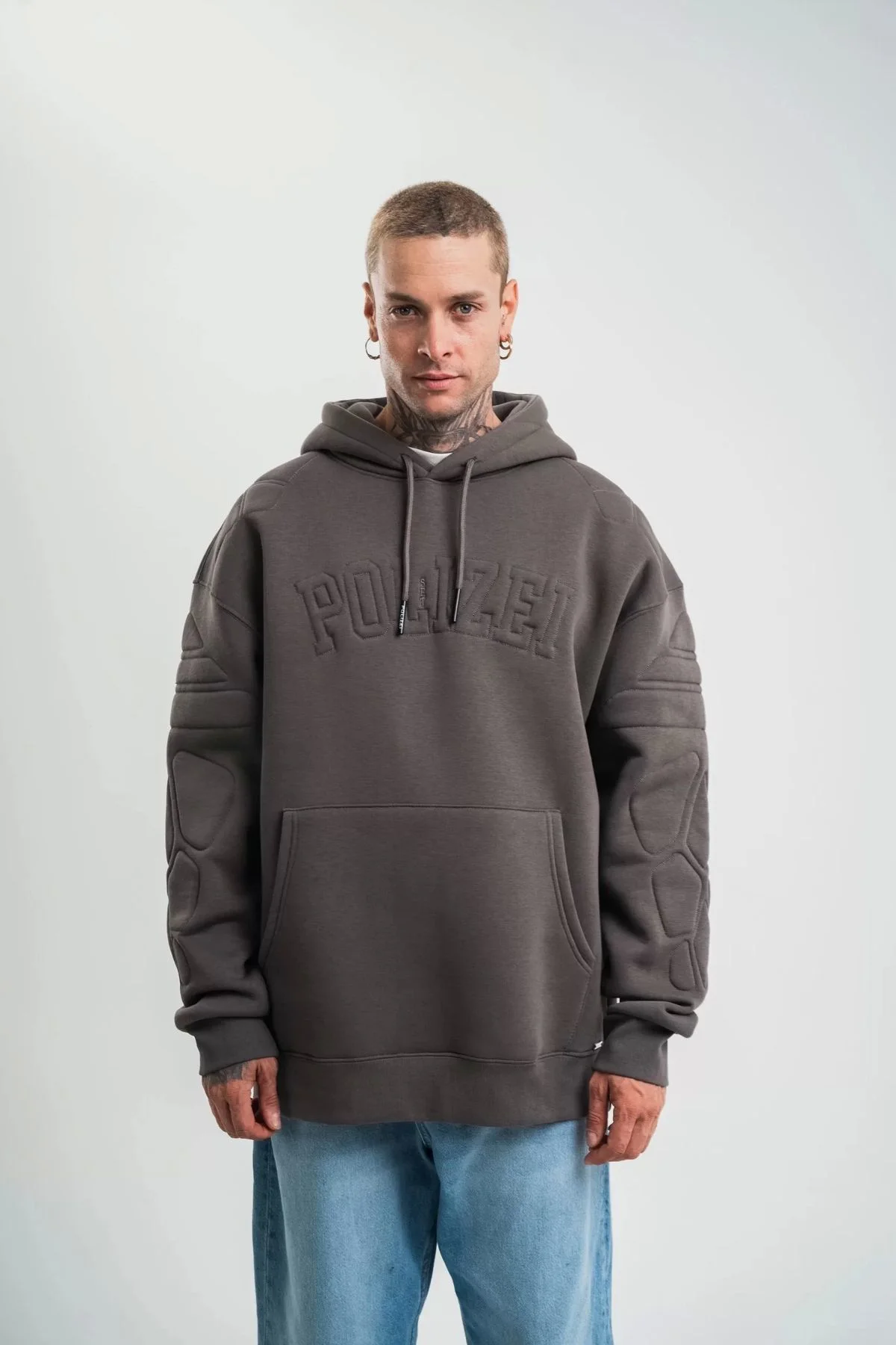 Double Oversize Kapşonlu Nakışlı Sweatshirt - Füme