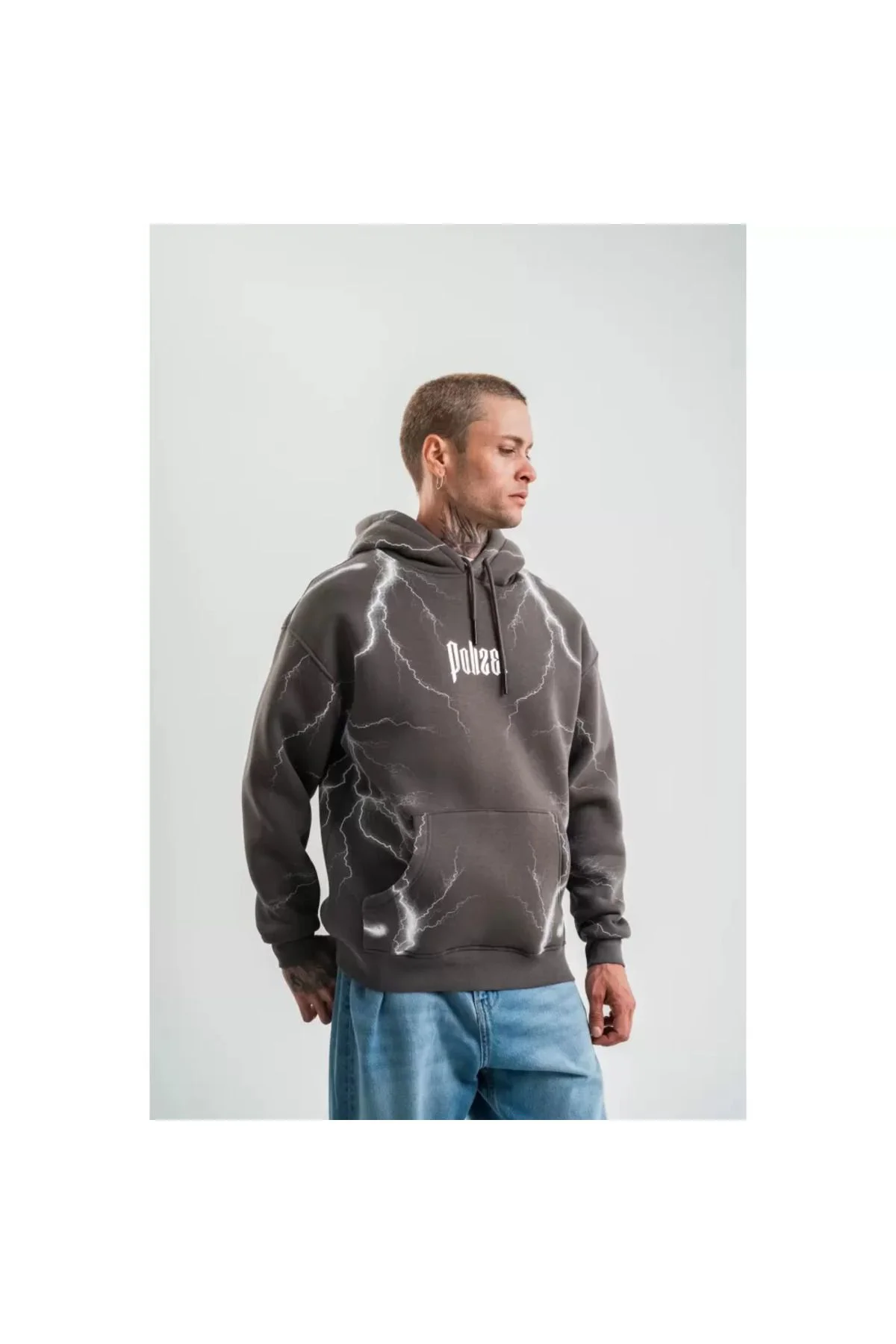 Double Oversize Kapşonlu Şimşek Pano Baskılı SweatShirt - Füme
