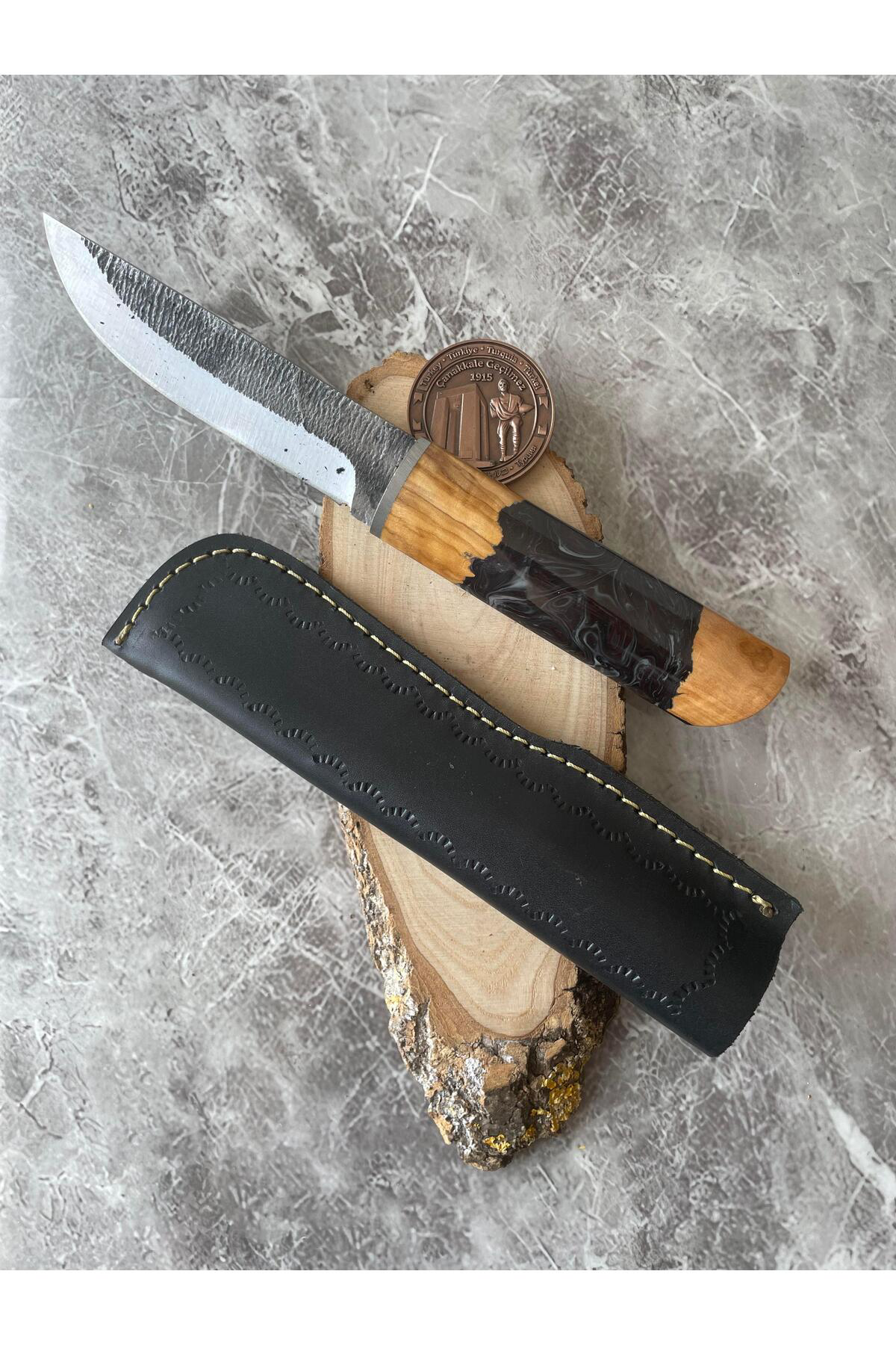 Dövme Çelik Kamp & Av Bıçağı – Hibrit Mor Epoksi Kabze, Gizli Kuy