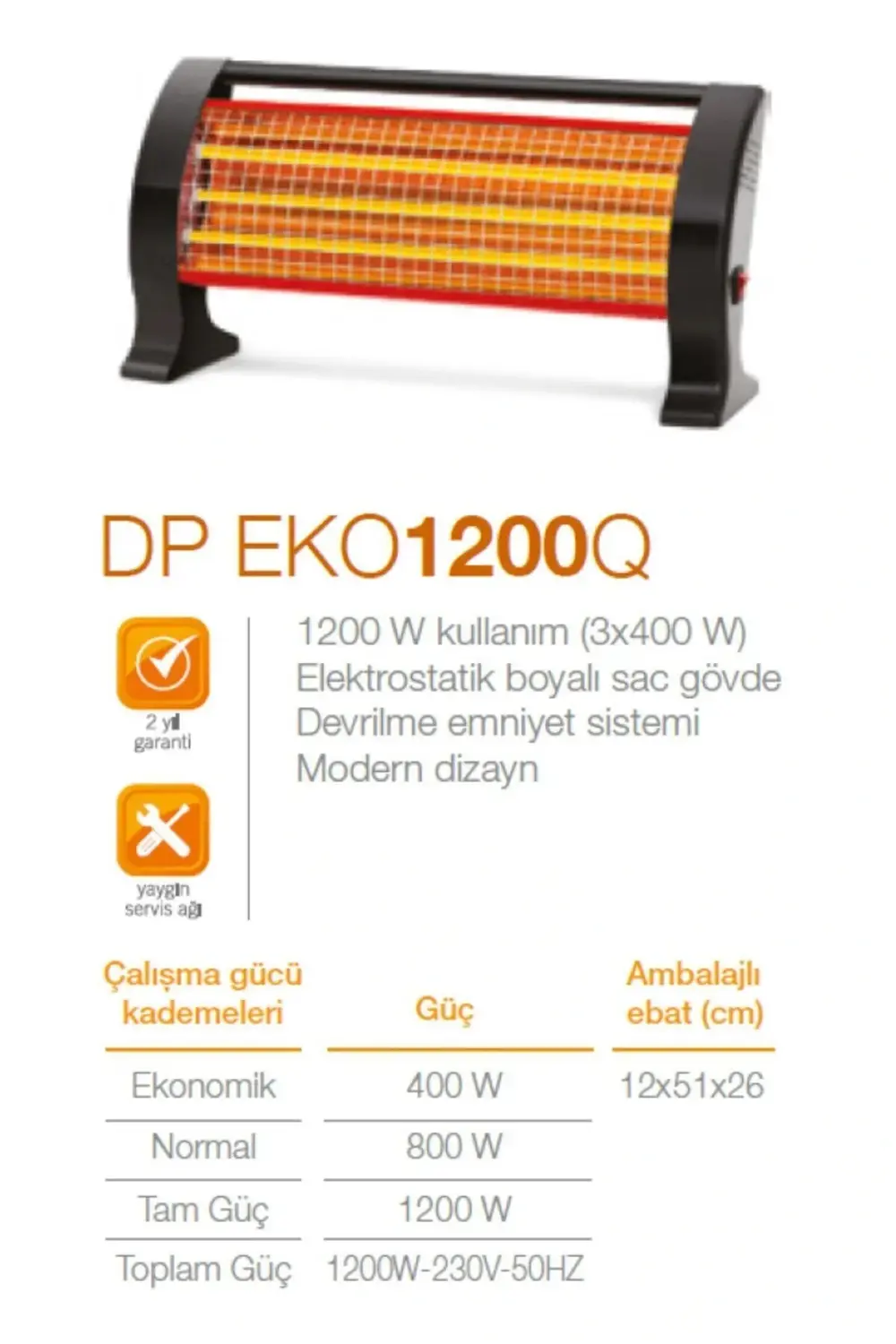 Dp-1200q 1200 W Elektrikli Quartz Isıtıcı