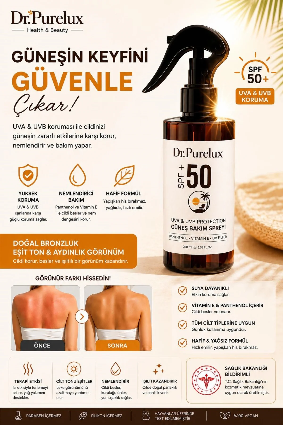 Dr. PureLux SPF 50+ Güneş Kremi Sprey | Yüz ve Vücut • UVA UVB Ko
