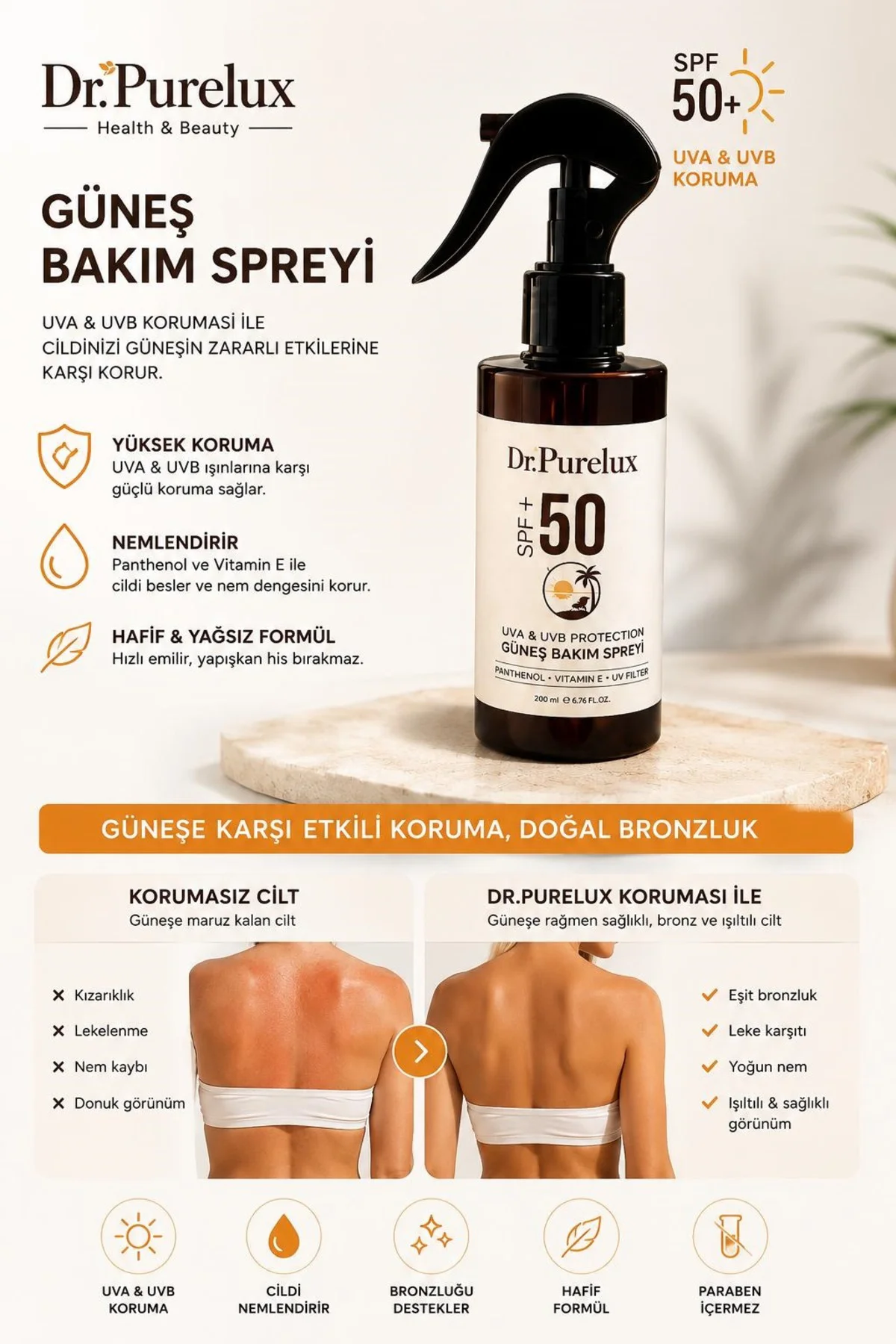 Dr. PureLux SPF 50+ Güneş Kremi Sprey | Yüz ve Vücut • UVA UVB Ko