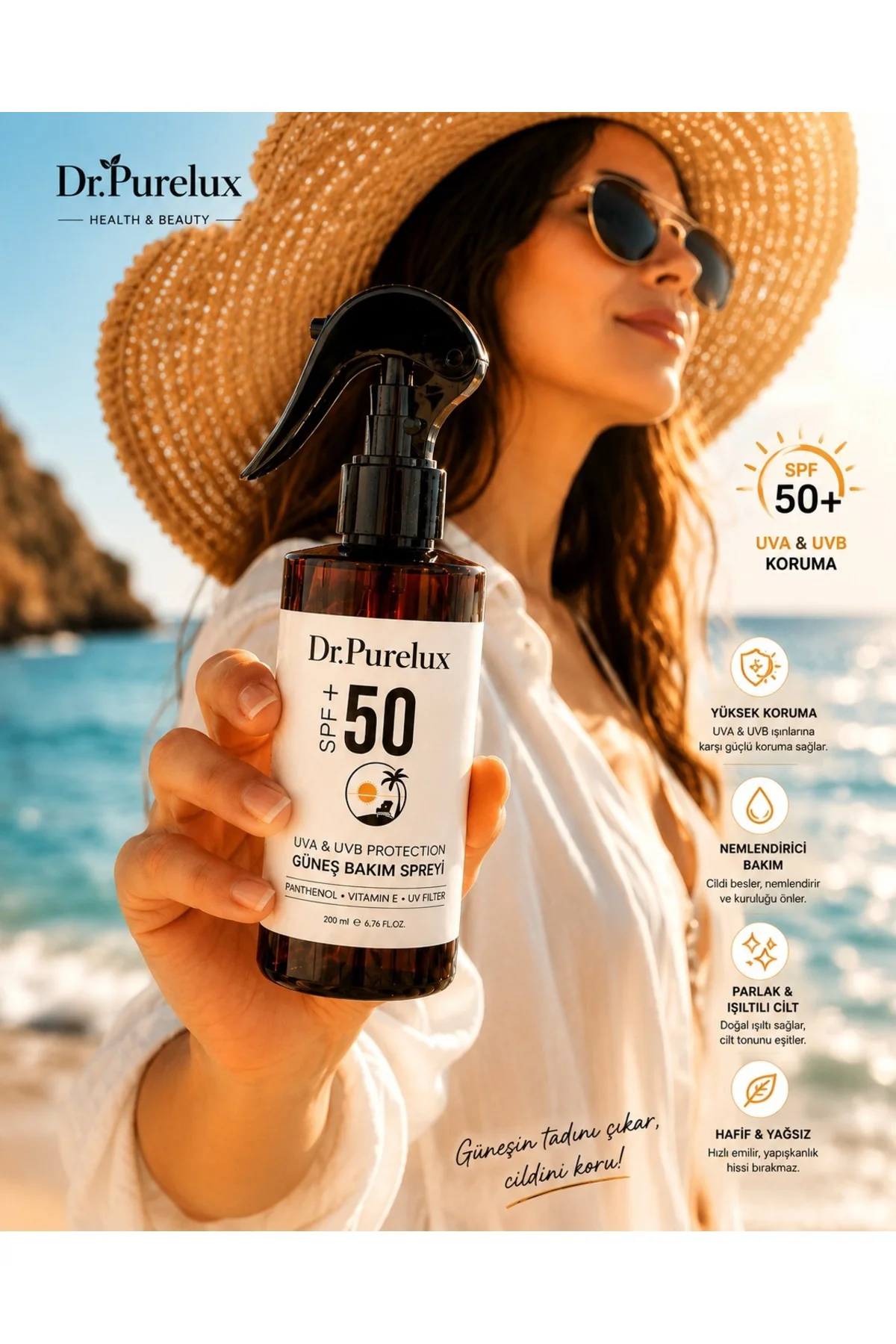 Dr. PureLux SPF 50+ Güneş Kremi Sprey | Yüz ve Vücut • UVA UVB Koruma • Suya Dayanıklı 200ml