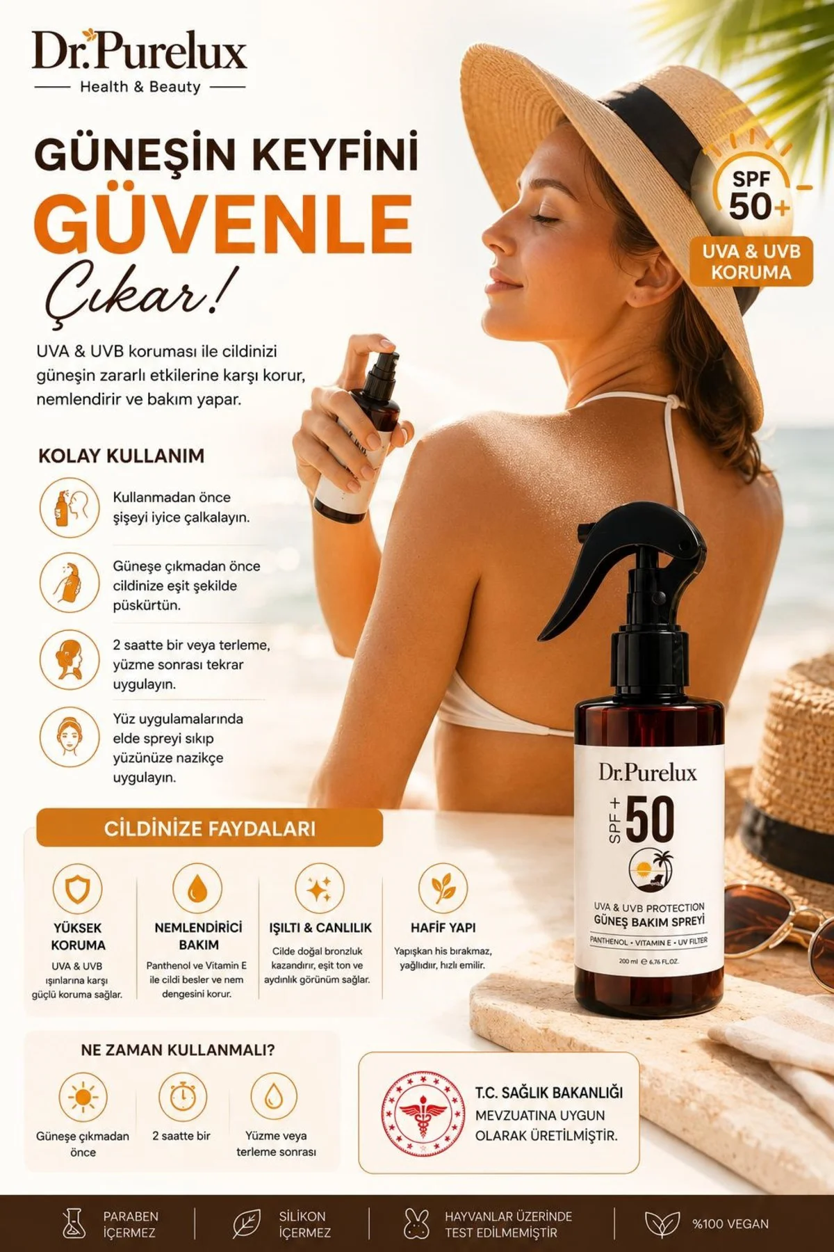 Dr. PureLux SPF 50+ Güneş Kremi Sprey | Yüz ve Vücut • UVA UVB Ko