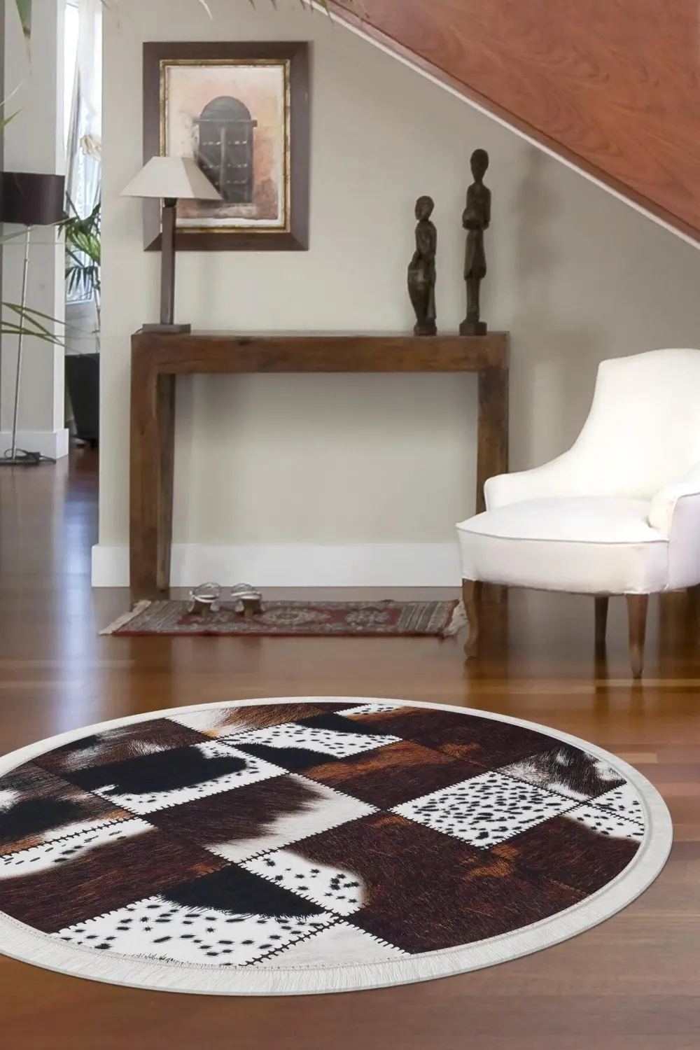 Dr01 Kahve Saçaklı Dijital Yuvarlak Halı Kaymaz Yıkanabilir 100X1