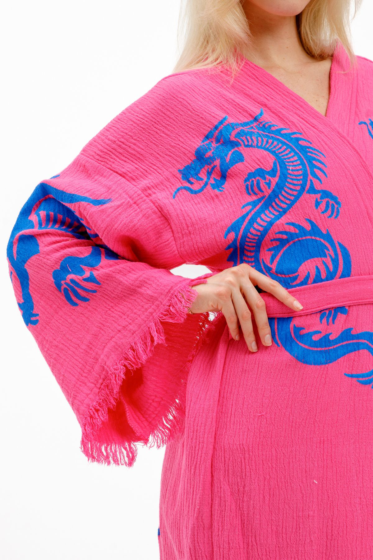 Dragon Müslin Kimono %100 Pamuklu Ejderha Baskılı Desenli Bornoz 