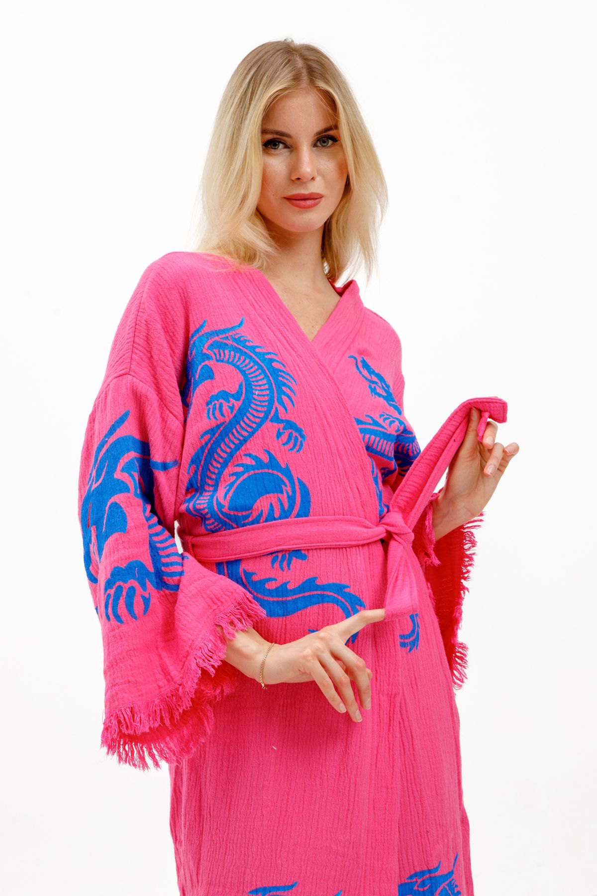 Dragon Müslin Kimono %100 Pamuklu Ejderha Baskılı Desenli Bornoz 