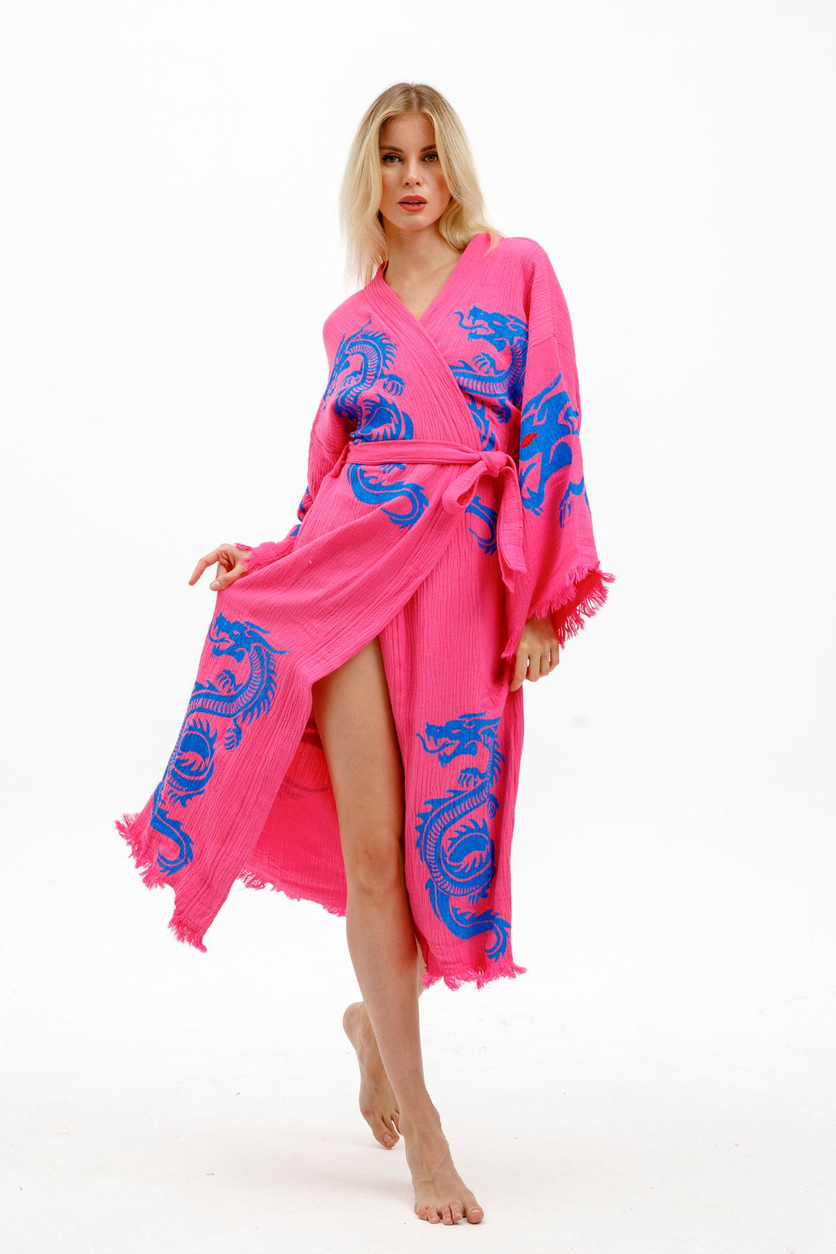 Dragon Müslin Kimono %100 Pamuklu Ejderha Baskılı Desenli Bornoz 
