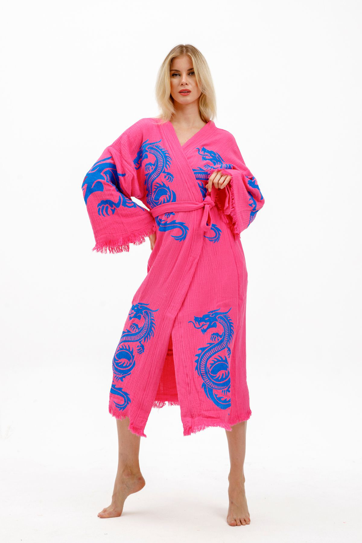 Dragon Müslin Kimono %100 Pamuklu Ejderha Baskılı Desenli Bornoz 