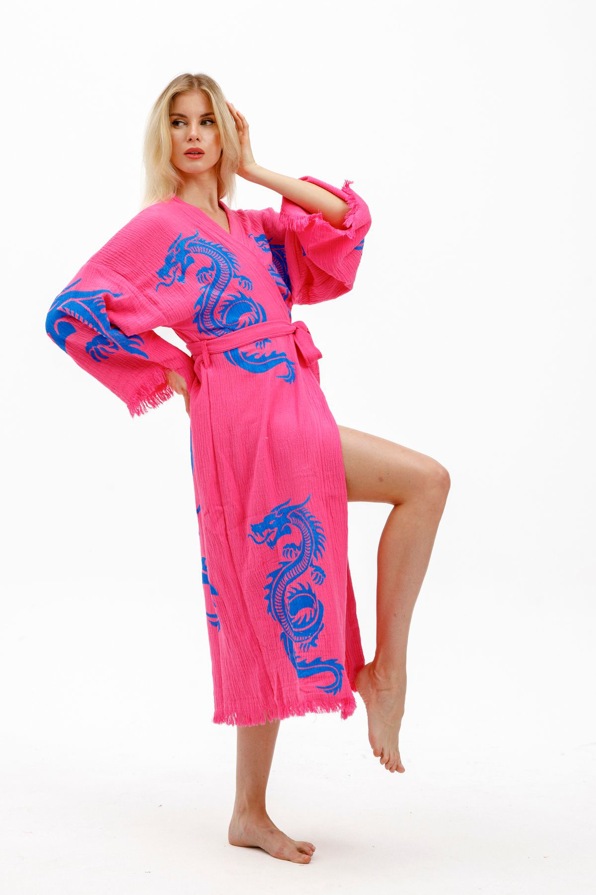 Dragon Müslin Kimono %100 Pamuklu Ejderha Baskılı Desenli Bornoz 