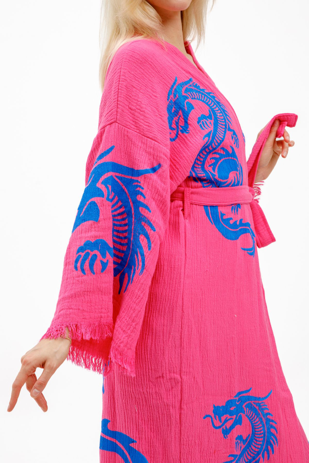 Dragon Müslin Kimono %100 Pamuklu Ejderha Baskılı Desenli Bornoz 