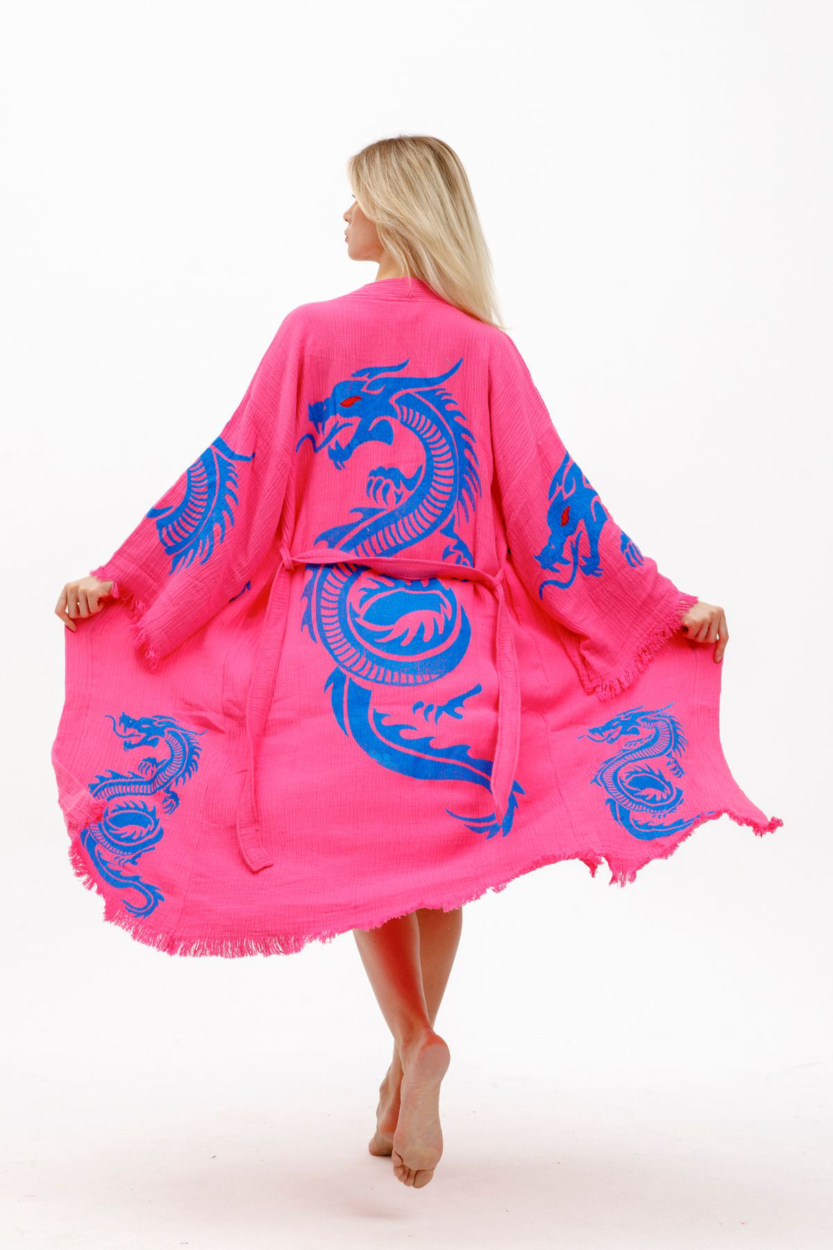 Dragon Müslin Kimono %100 Pamuklu Ejderha Baskılı Desenli Bornoz 